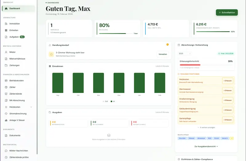 Vermieter1 Dashboard mit Miet- und Zahlungsübersicht