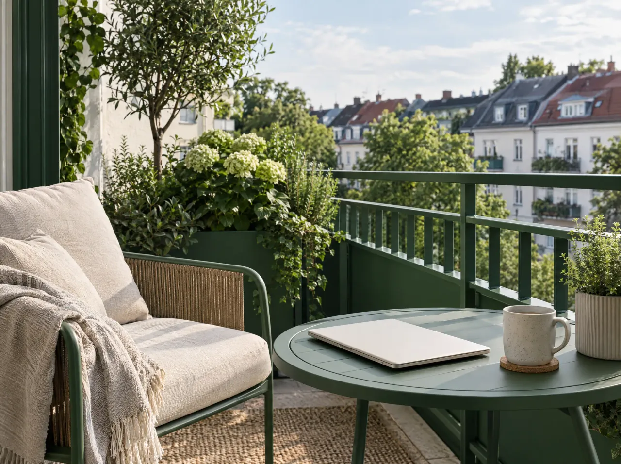 Ein ruhiger Balkon mit geschlossenem Laptop und einer Tasse: Zeit für Feierabend.