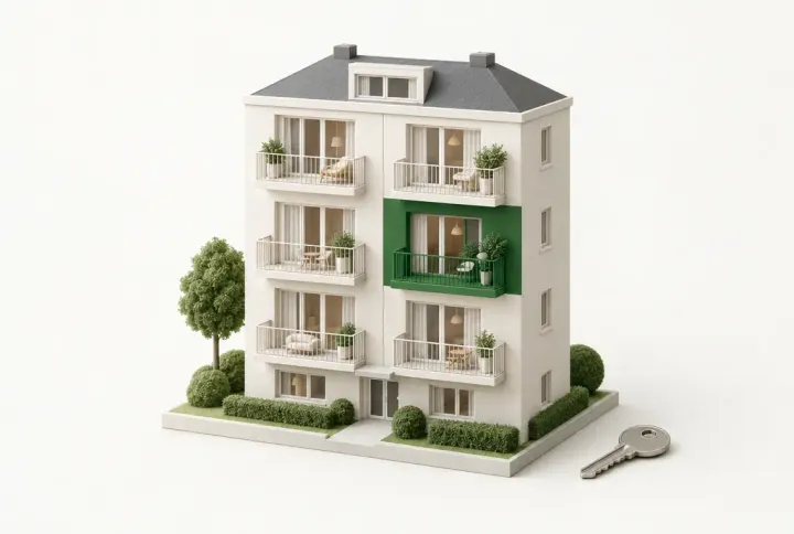 Ein Wohnhaus mit einer grün hervorgehobenen Wohnung als Symbol für den kostenlosen Einstieg.