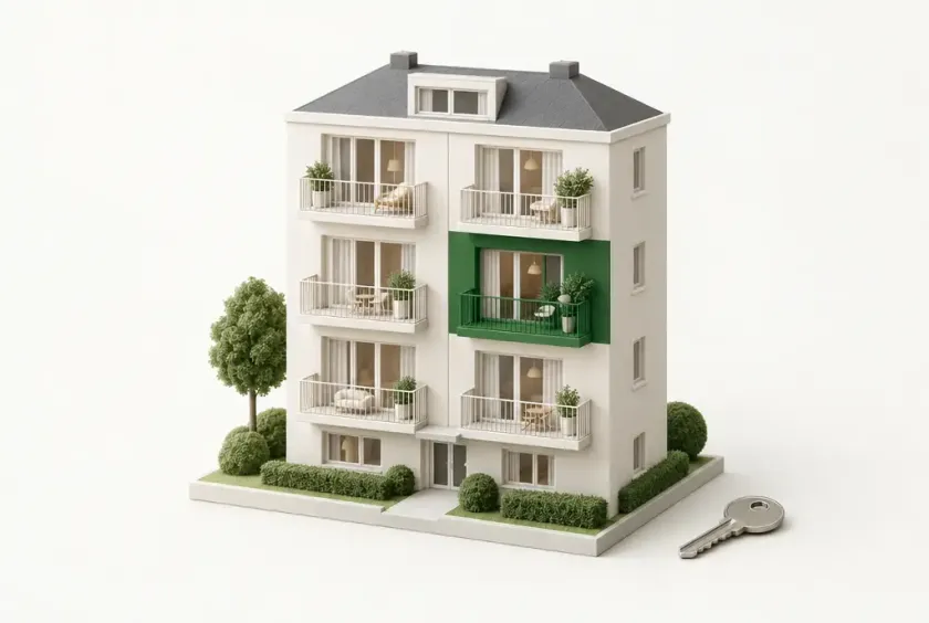 Ein Wohnhaus mit einer grün hervorgehobenen Wohnung als Symbol für den kostenlosen Einstieg.