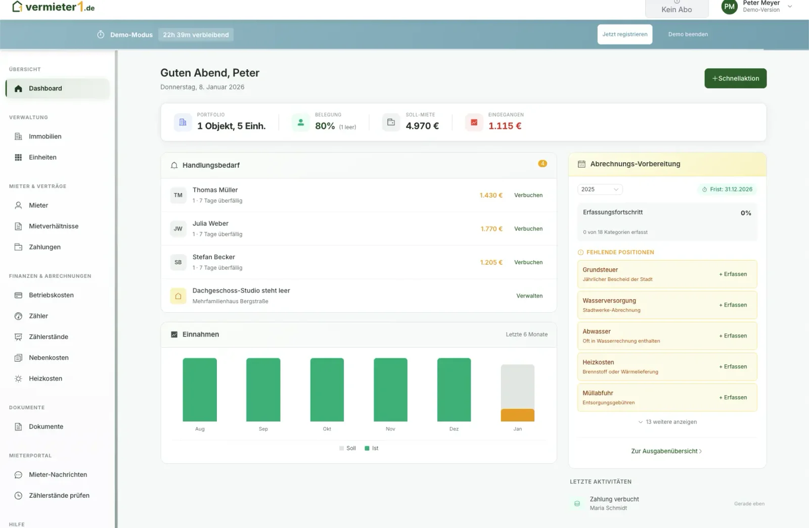 vermieter1.de Dashboard Mockup - Nebenkostenabrechnung erstellen