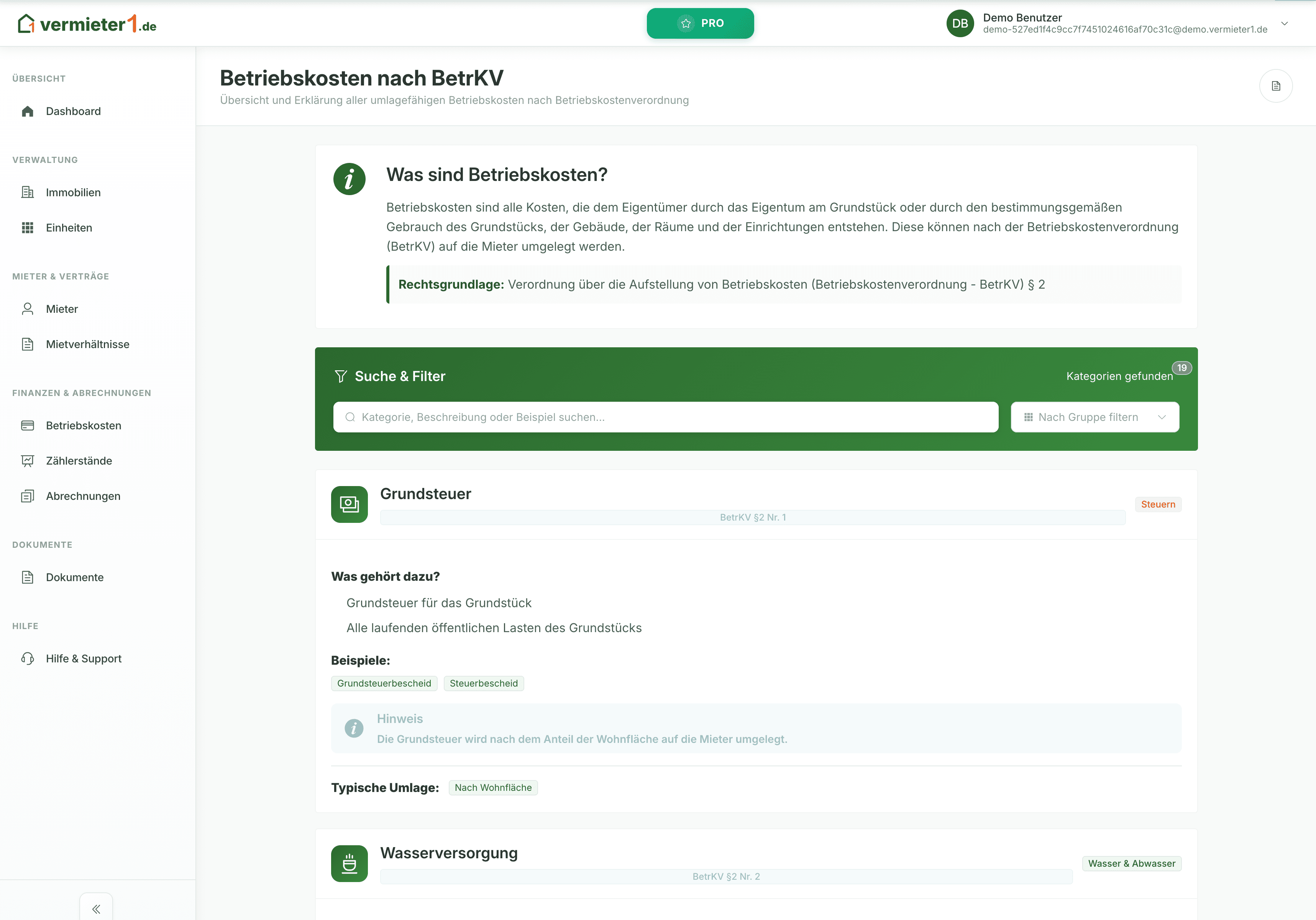 Verteilerschlüssel-Auswahl in vermieter1.de