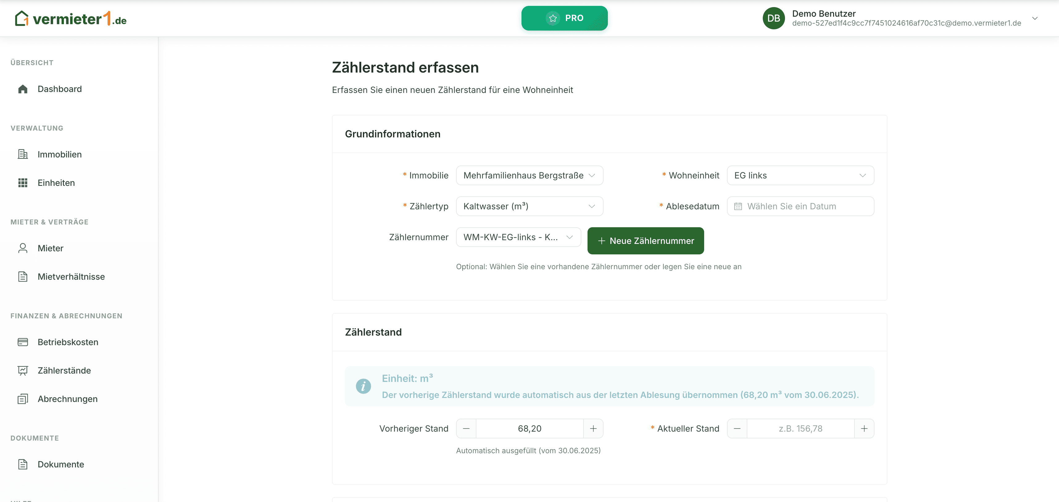 Zählerstand-Erfassung in vermieter1.de