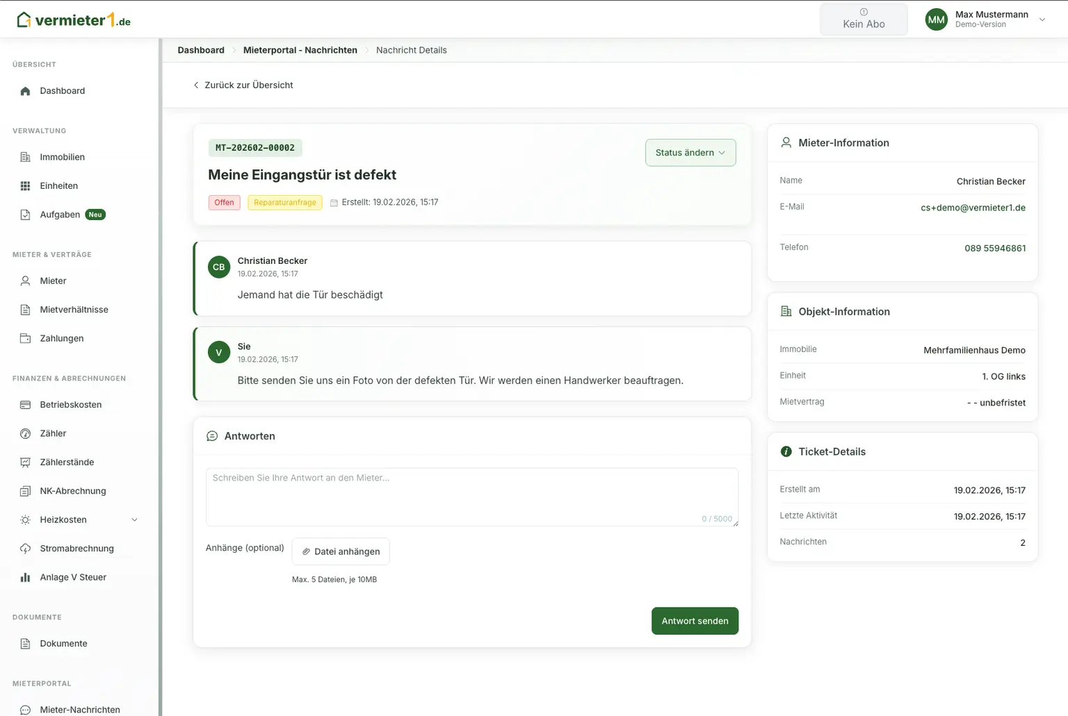 Ticket-Detail im Backend