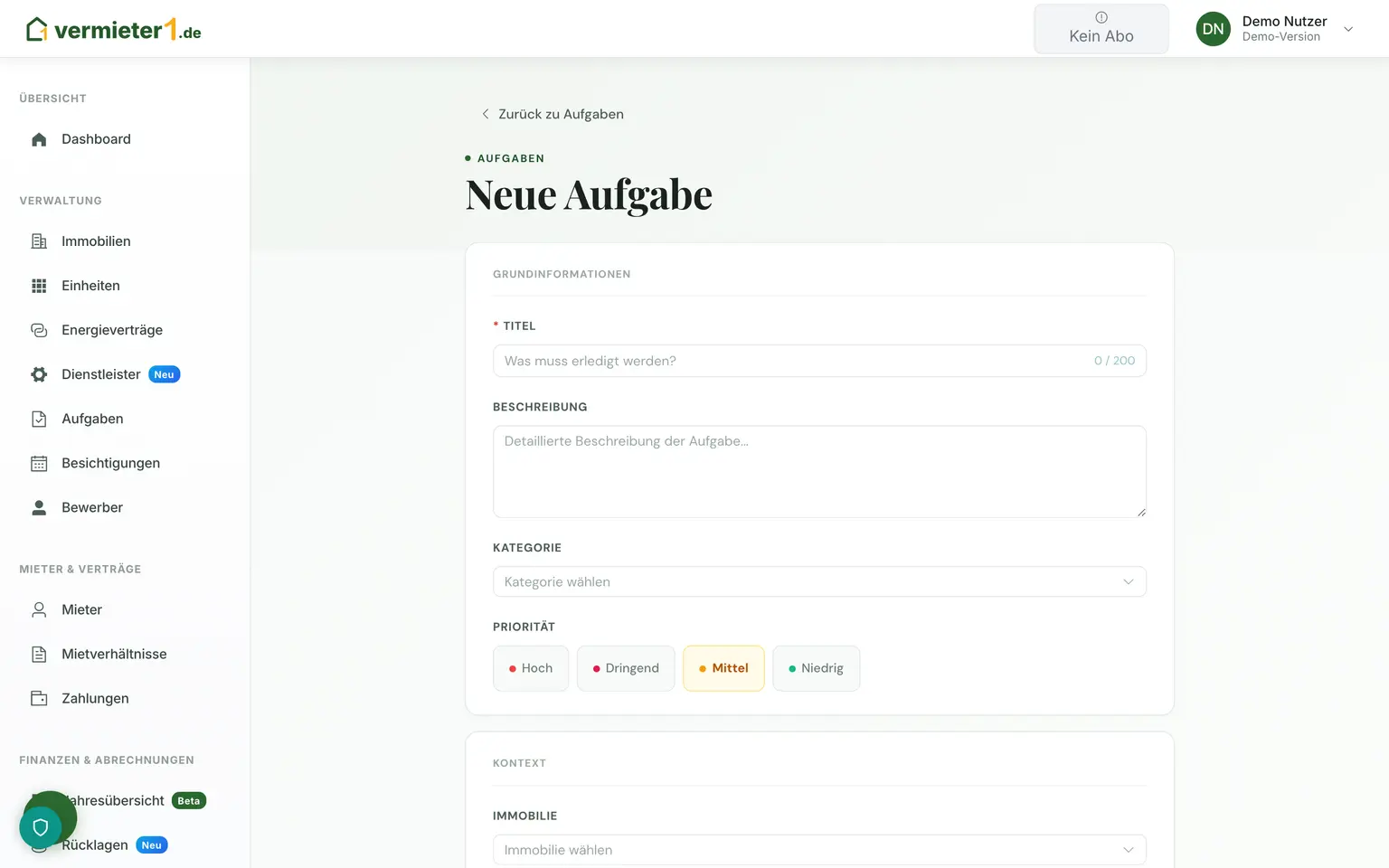 Aufgabe mit Immobilie, Einheit und Mieter verknüpft