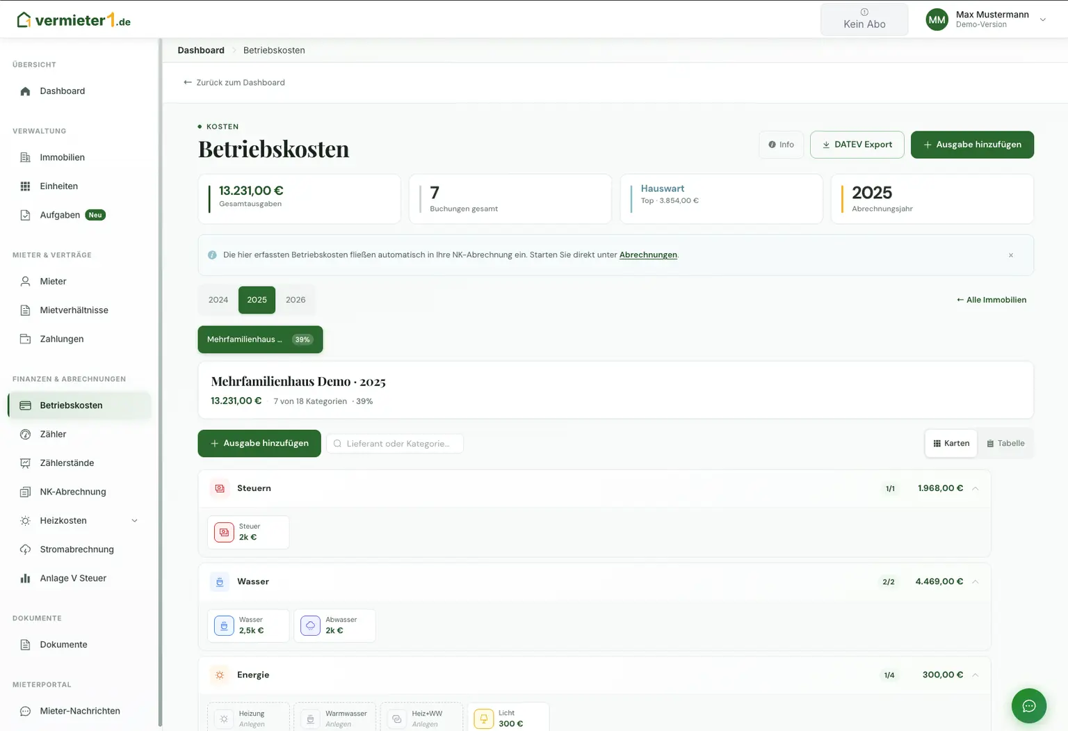 Betriebskostenverwaltung – Produktansicht mit Beispieldaten
