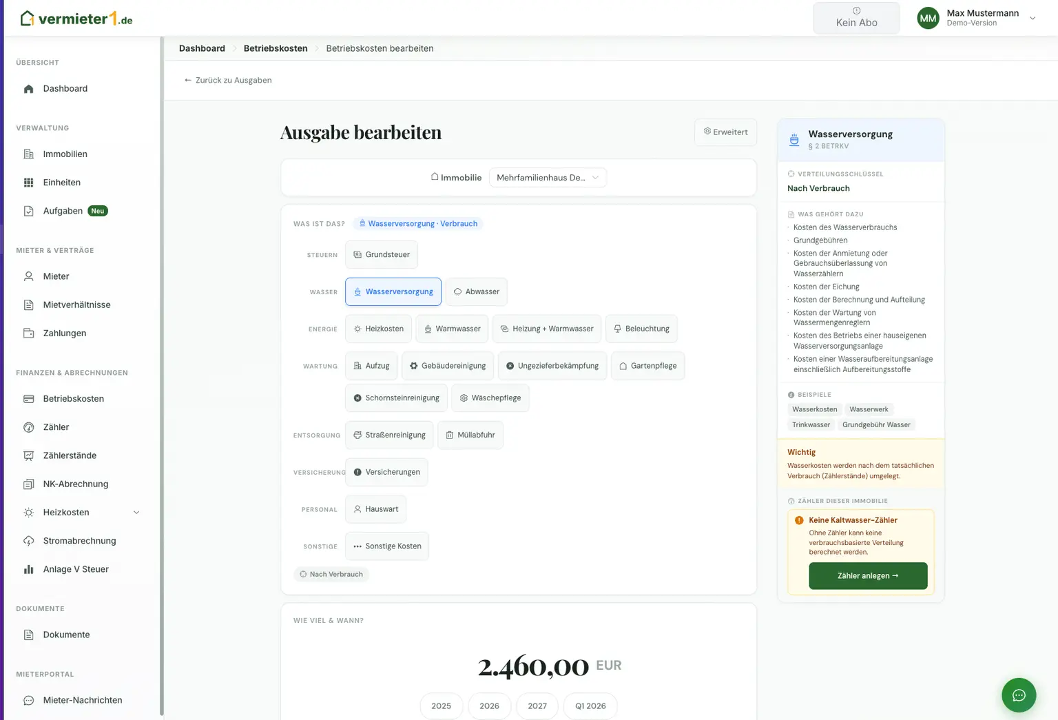 Betriebskosten Simple und Advanced Modus