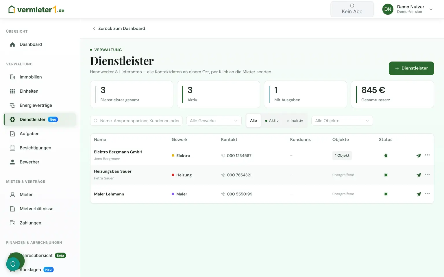 Dienstleister & Handwerker – Produktansicht mit Beispieldaten