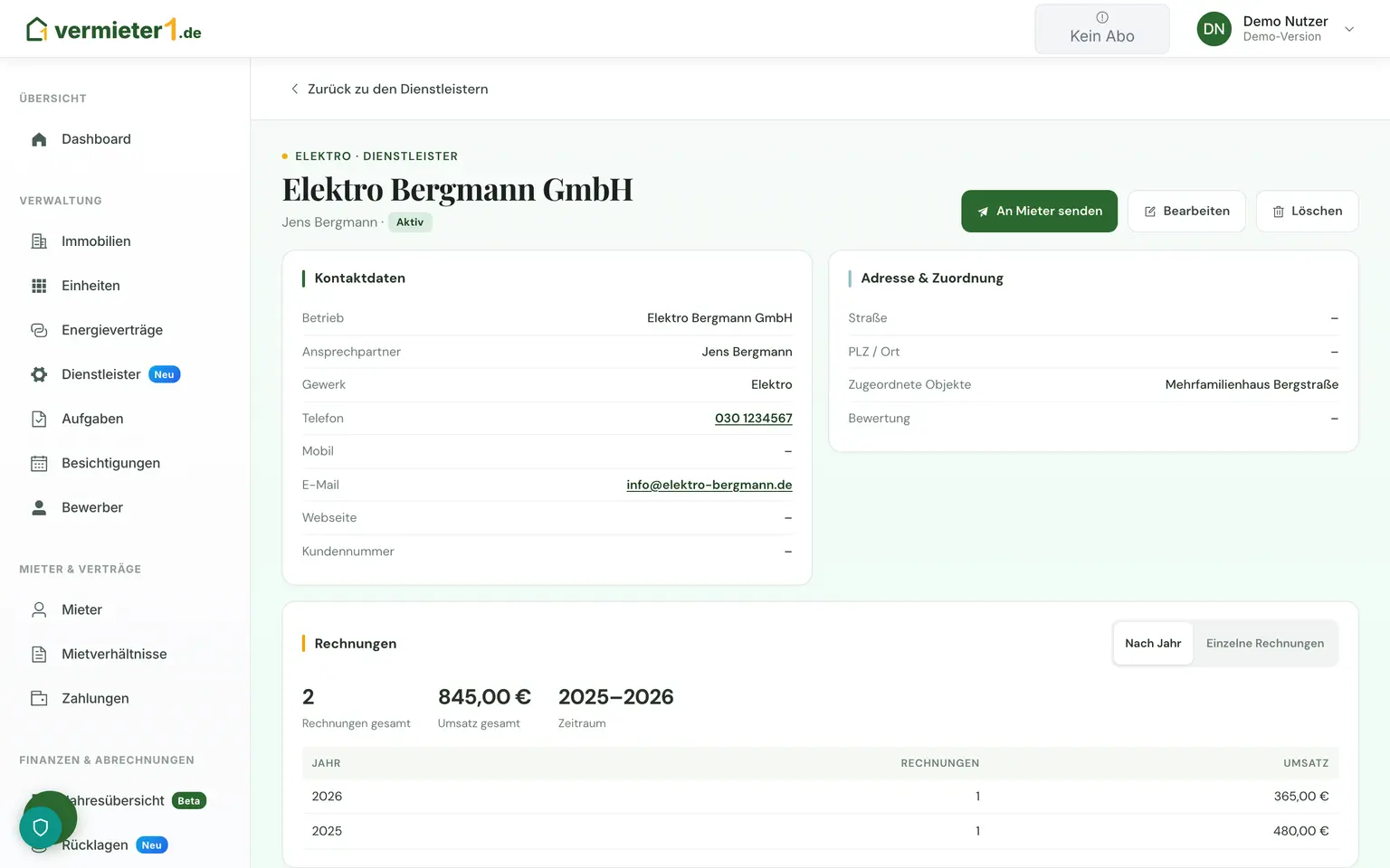Rechnungsstatistik je Dienstleister