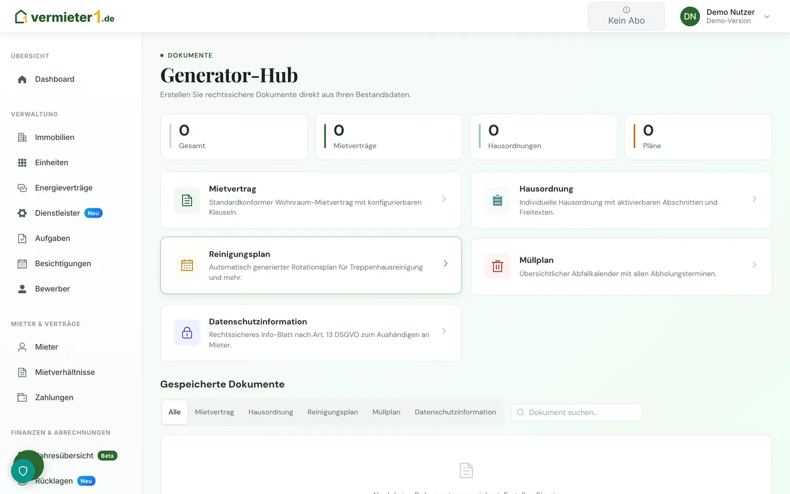 Dokument-Generator - Dashboard Vorschau