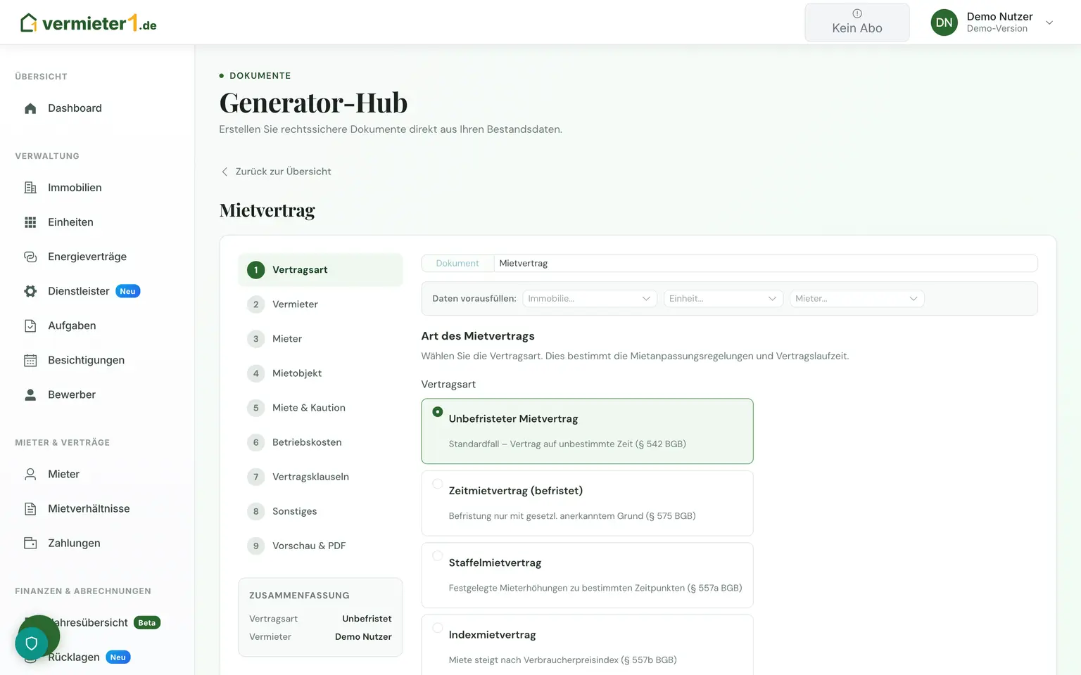 Mietvertrags-Assistent in neun Schritten