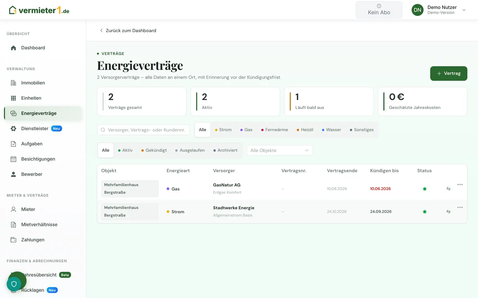 Energieverträge – Produktansicht mit Beispieldaten