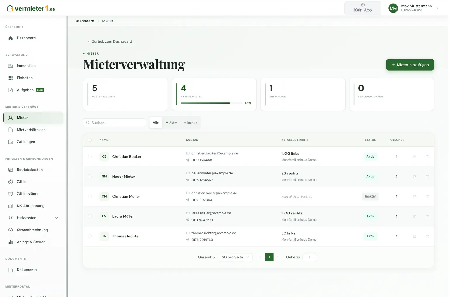 Mieterverwaltung - Dashboard Vorschau