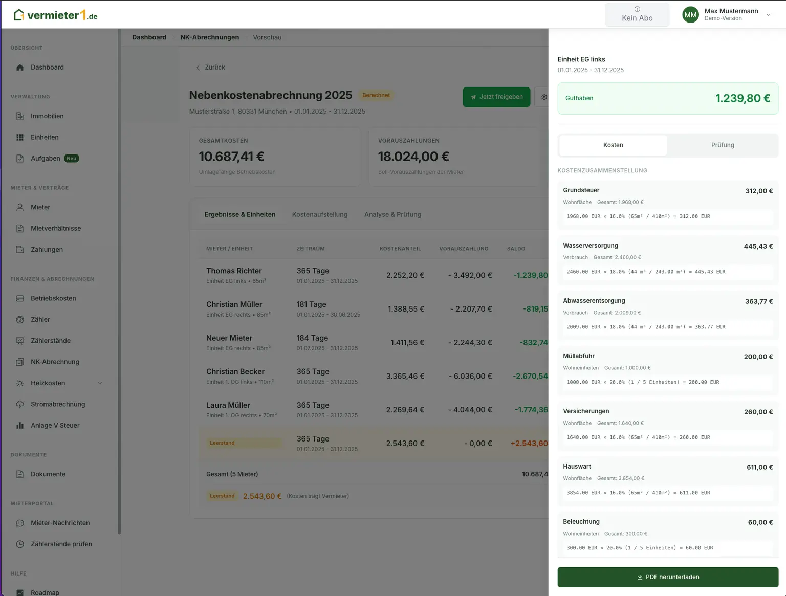 Nebenkostenabrechnung - Dashboard Vorschau