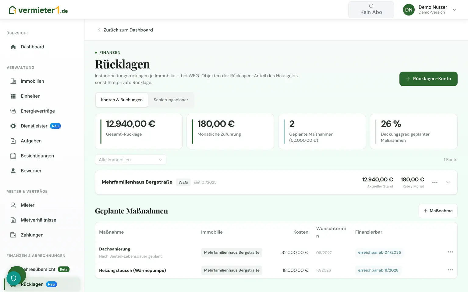 Rücklagen & Sanierungsplaner – Produktansicht mit Beispieldaten