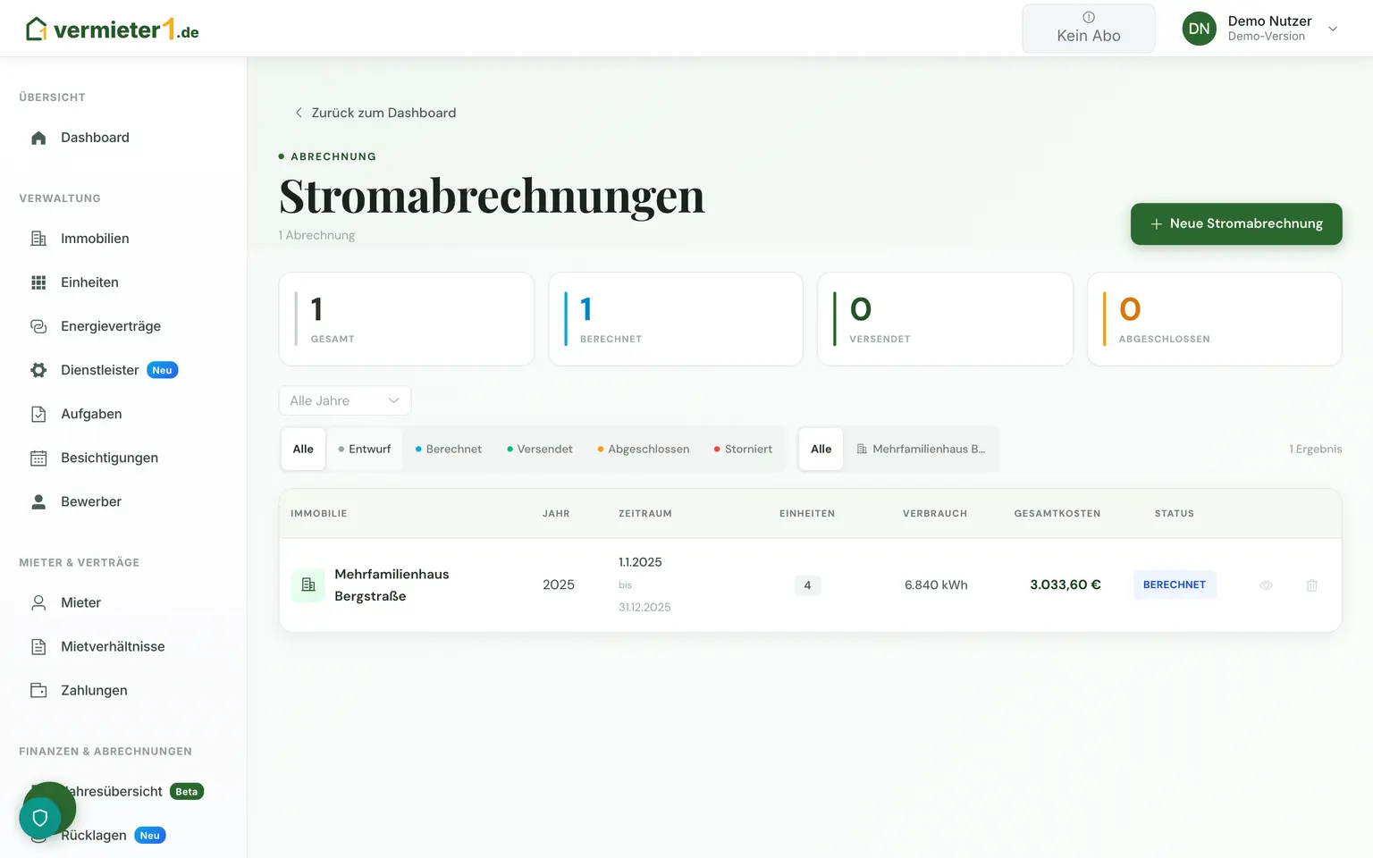 Stromabrechnung – Produktansicht mit Beispieldaten