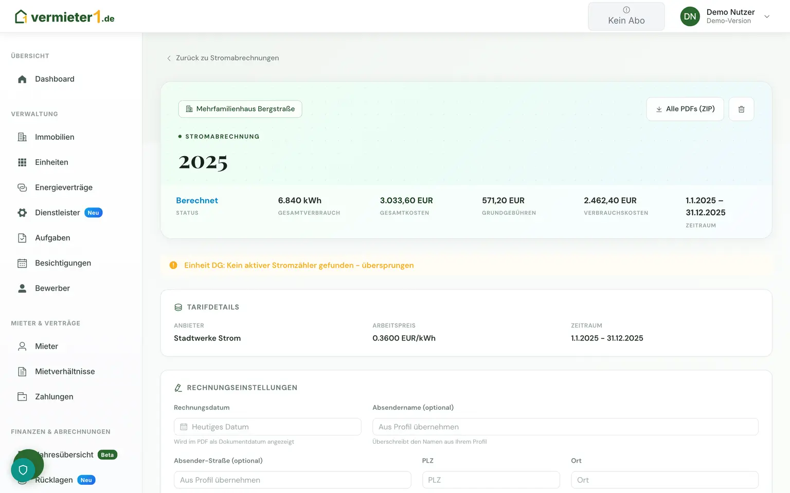 Strom-PDF pro Mieter und Status-Workflow