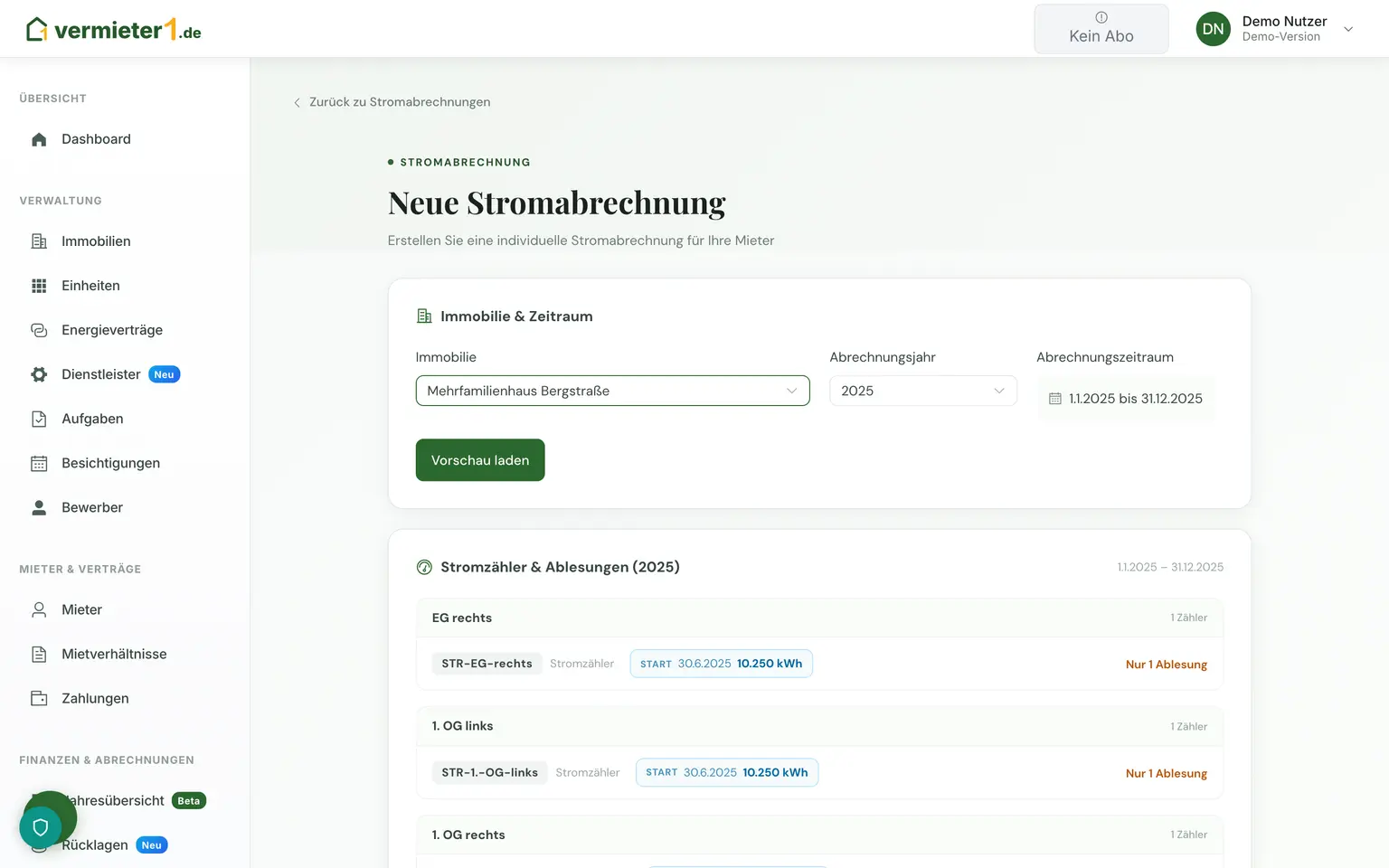 Vorschau der Stromabrechnung mit Zählerstatus