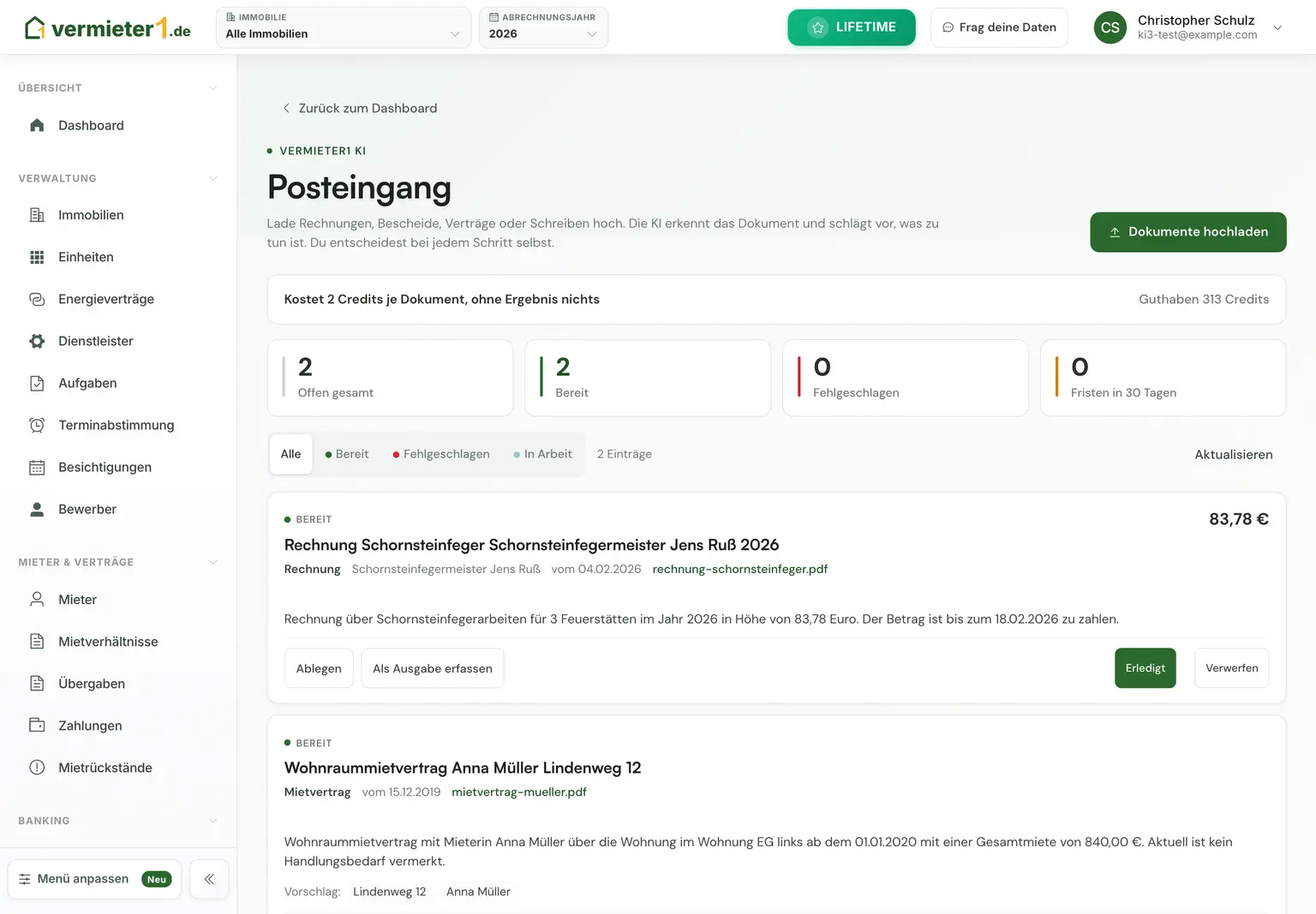 KI-Posteingang mit erkannten Dokumenten und vorgeschlagenen Aktionen