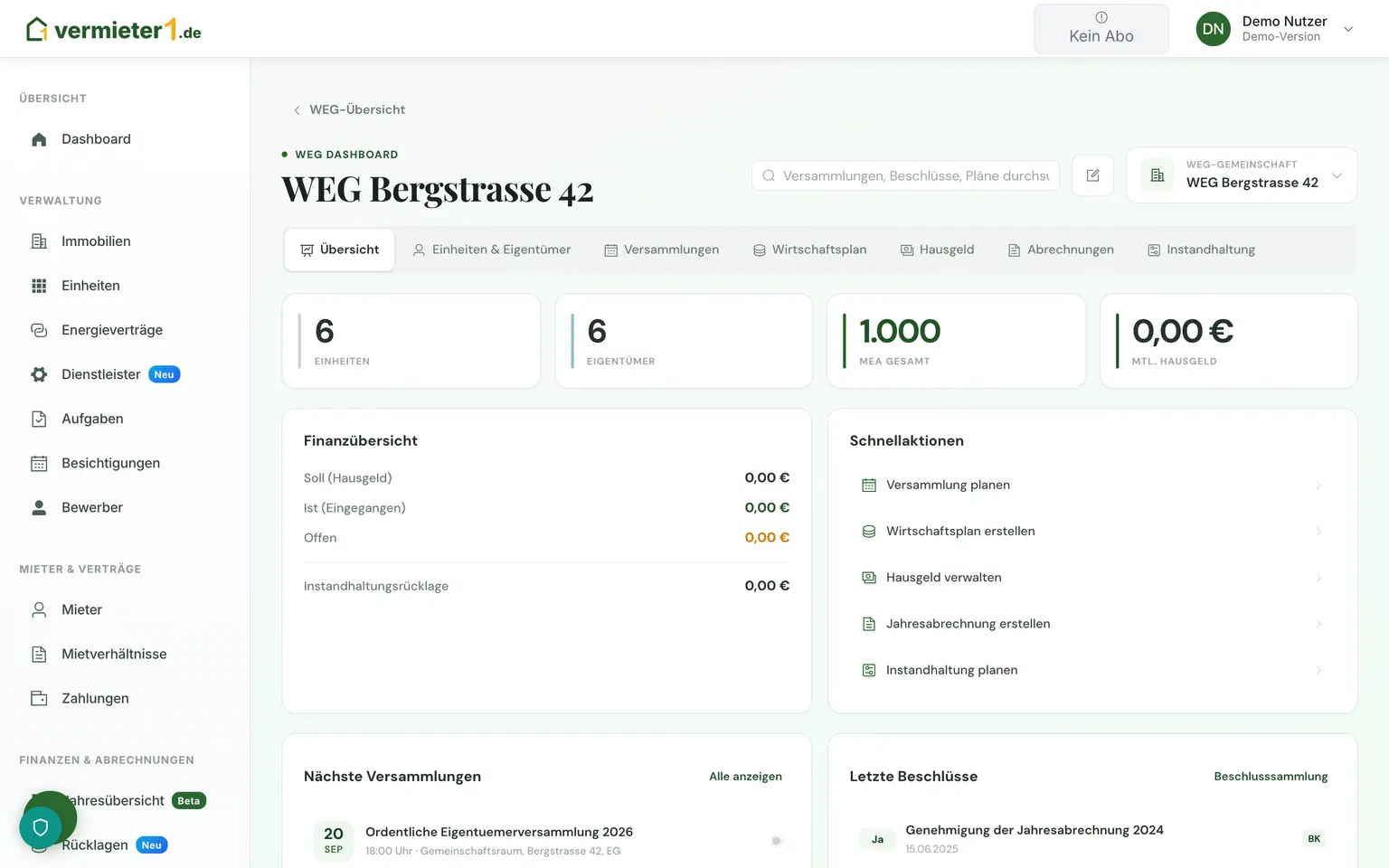 WEG-Verwaltung – Produktansicht mit Beispieldaten