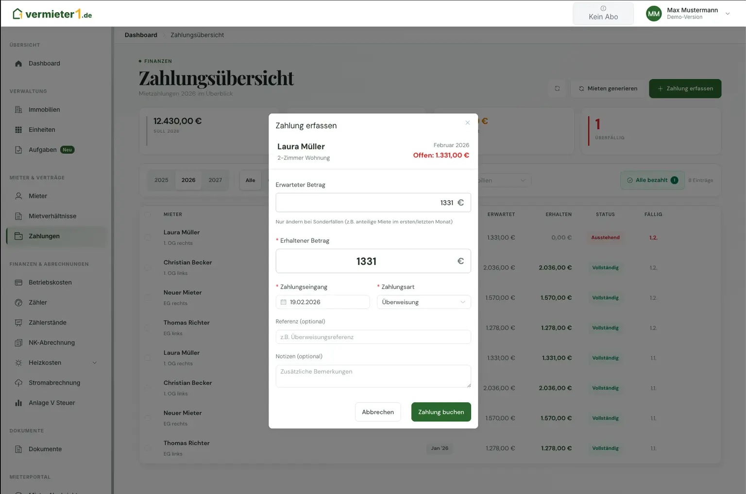 Zahlung erfassen Dialog