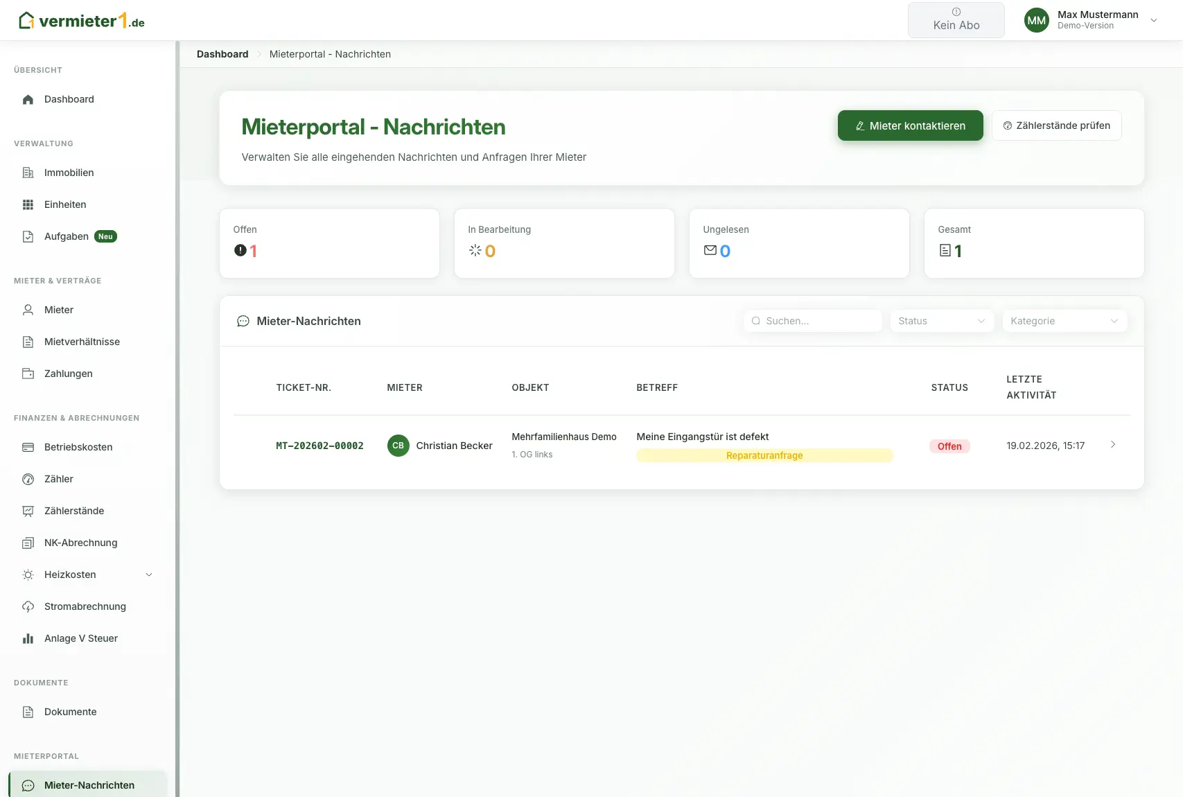 Mieterportal - Dashboard Vorschau