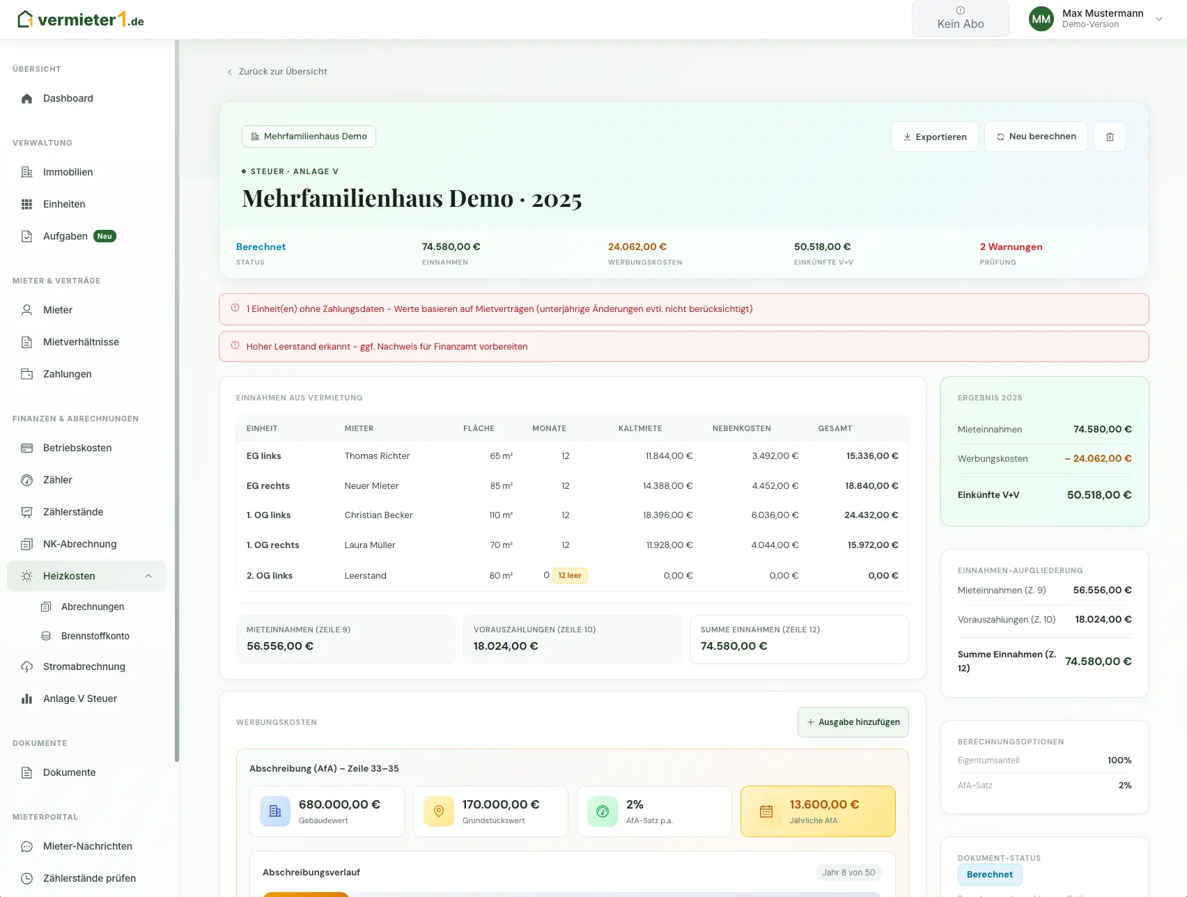 Steuervorbereitung - Dashboard Vorschau