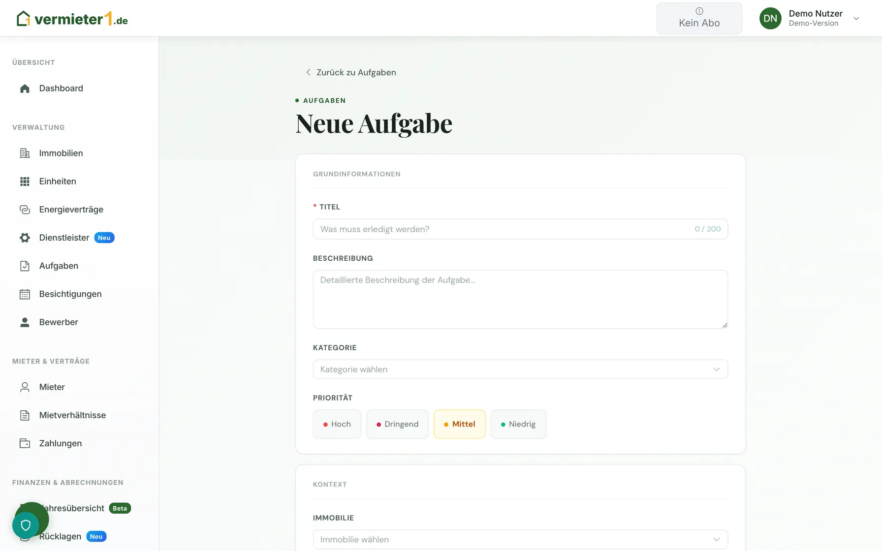 Aufgabe mit Immobilie, Einheit und Mieter verknüpft