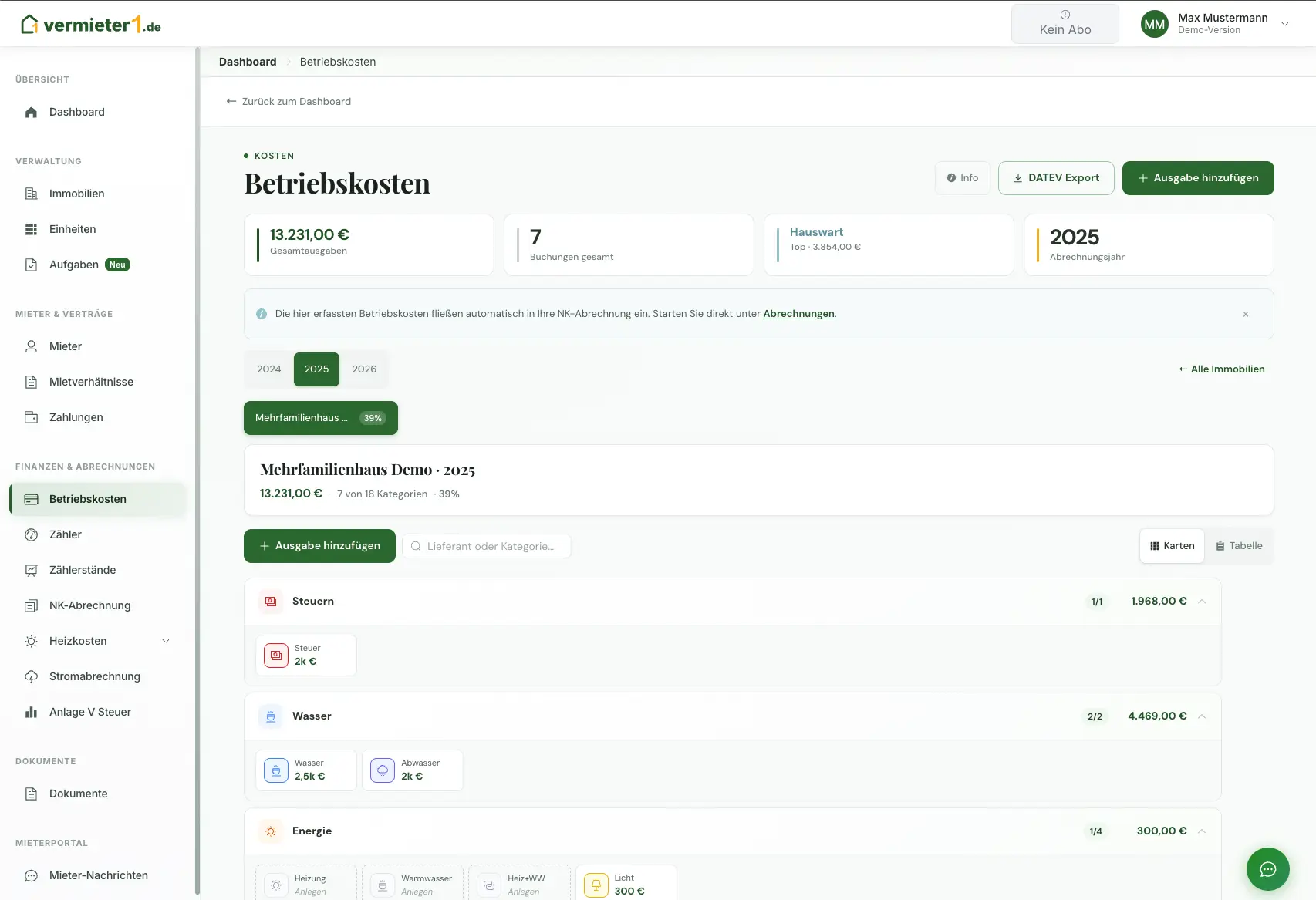 Betriebskostenverwaltung - Dashboard Vorschau