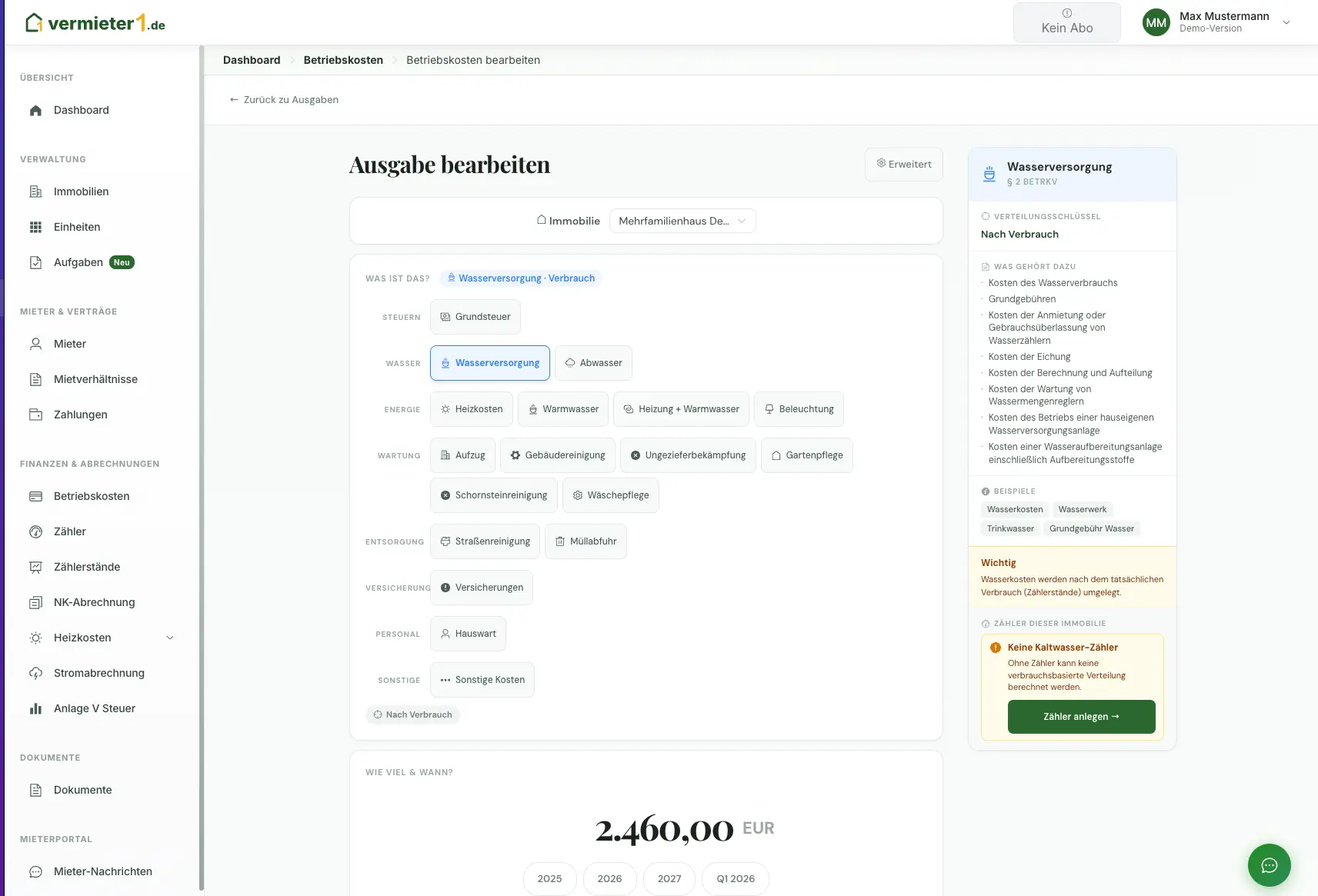 Betriebskosten Simple und Advanced Modus