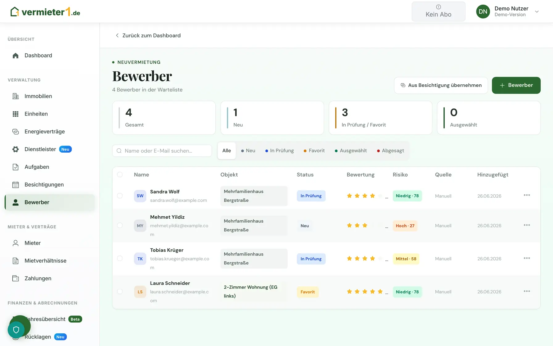 Bewerbermanagement - Dashboard Vorschau