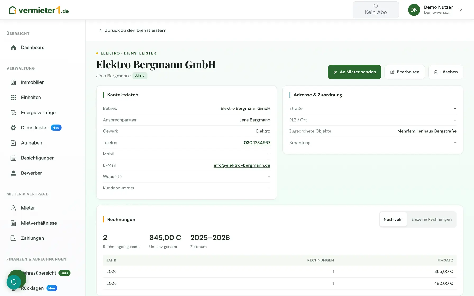 Rechnungsstatistik je Dienstleister