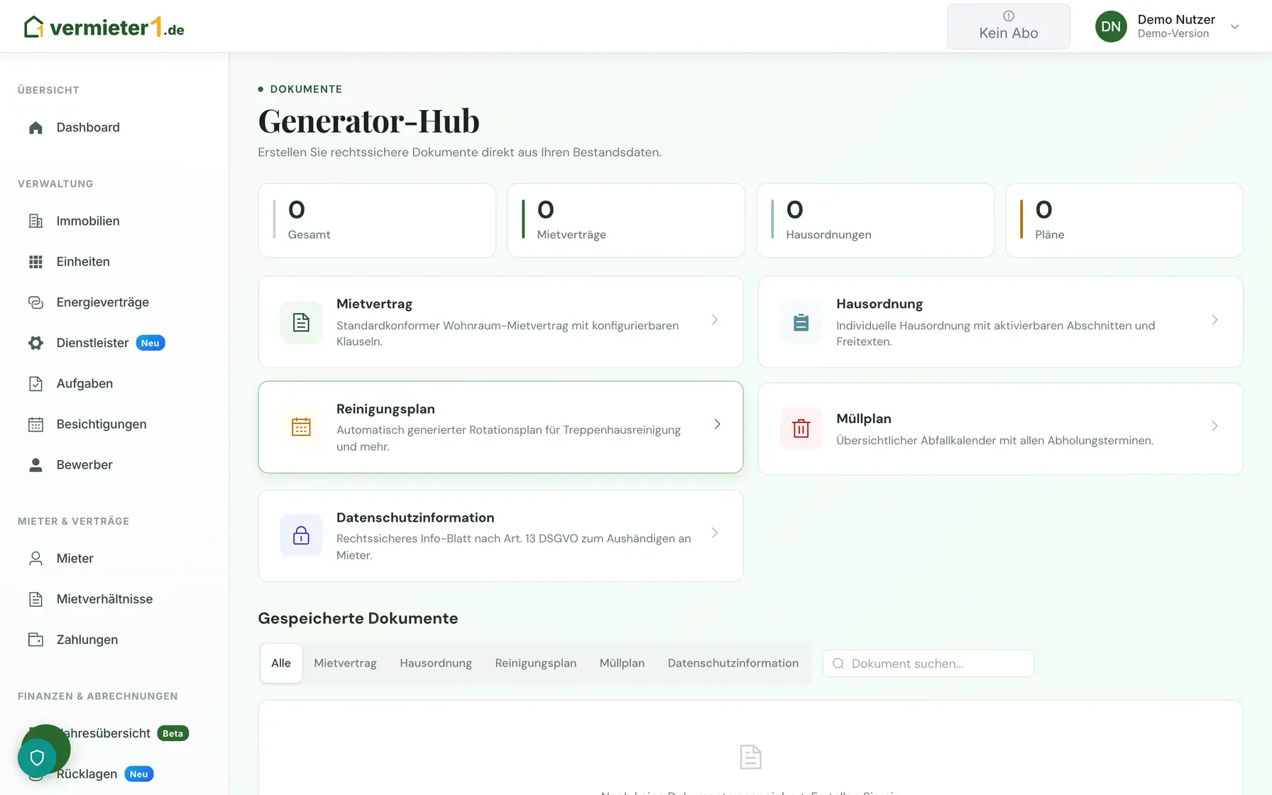 Dokument-Generator - Dashboard Vorschau