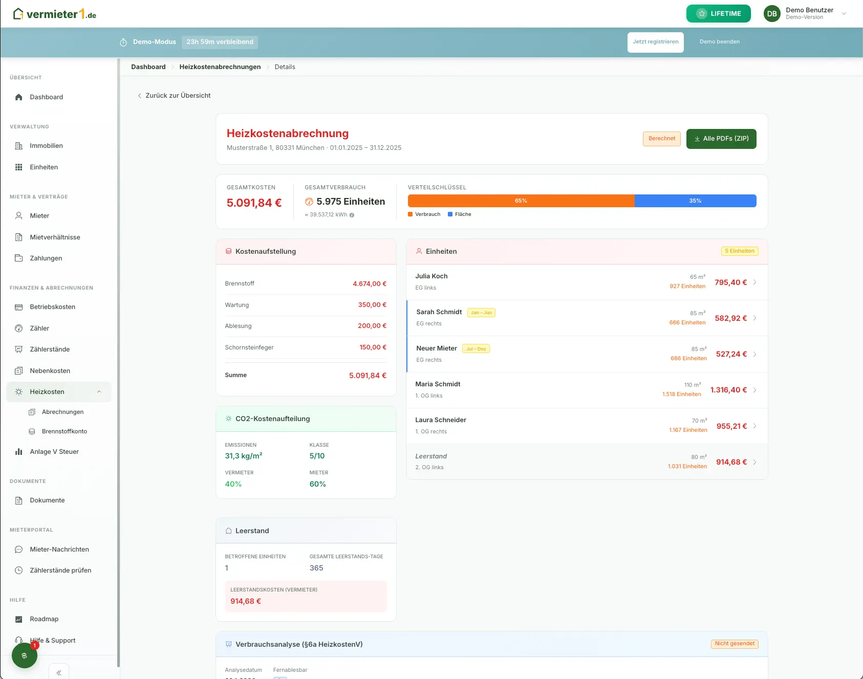 Ihre Heizkostenabrechnung – HeizKV-konform in 15 Minuten. Ohne Messdienst. - Dashboard Vorschau