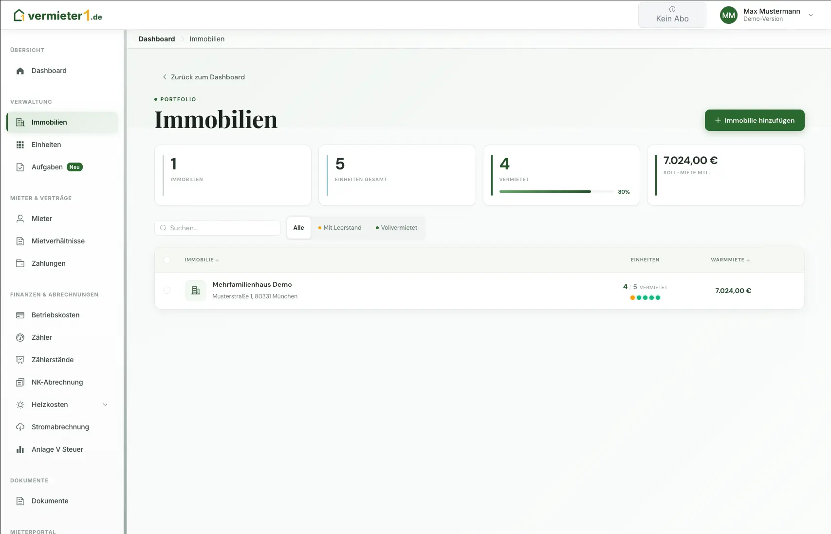 Immobilienverwaltung - Dashboard Vorschau