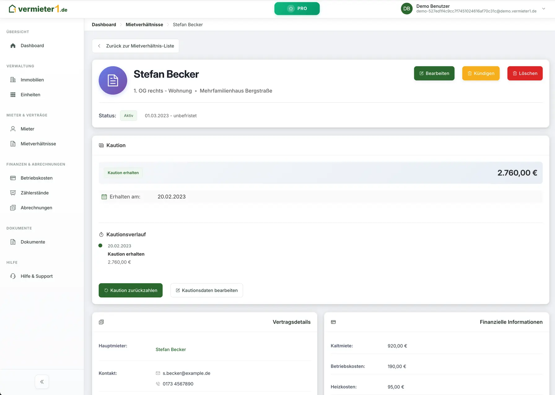 Kautionsverwaltung - Dashboard Vorschau