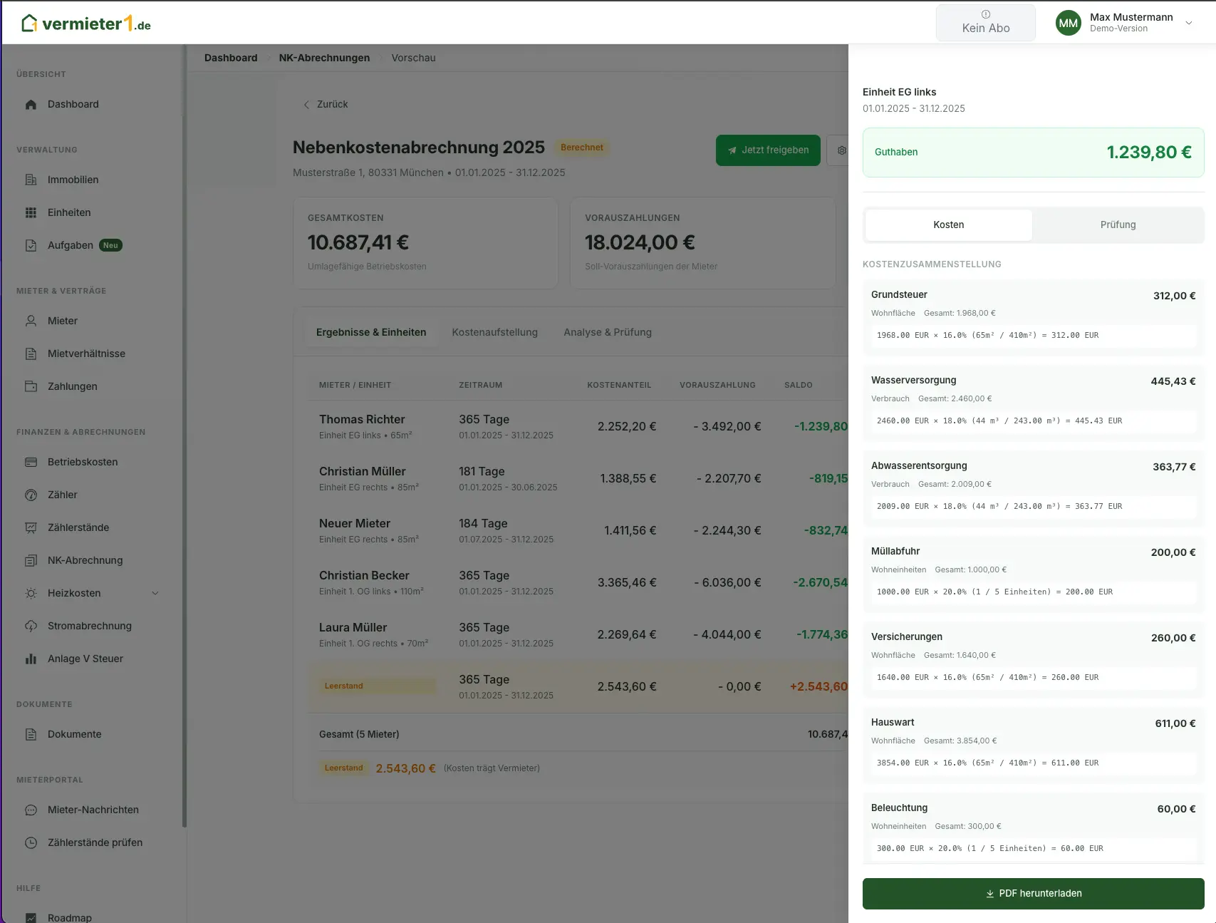 Nebenkostenabrechnung - Dashboard Vorschau