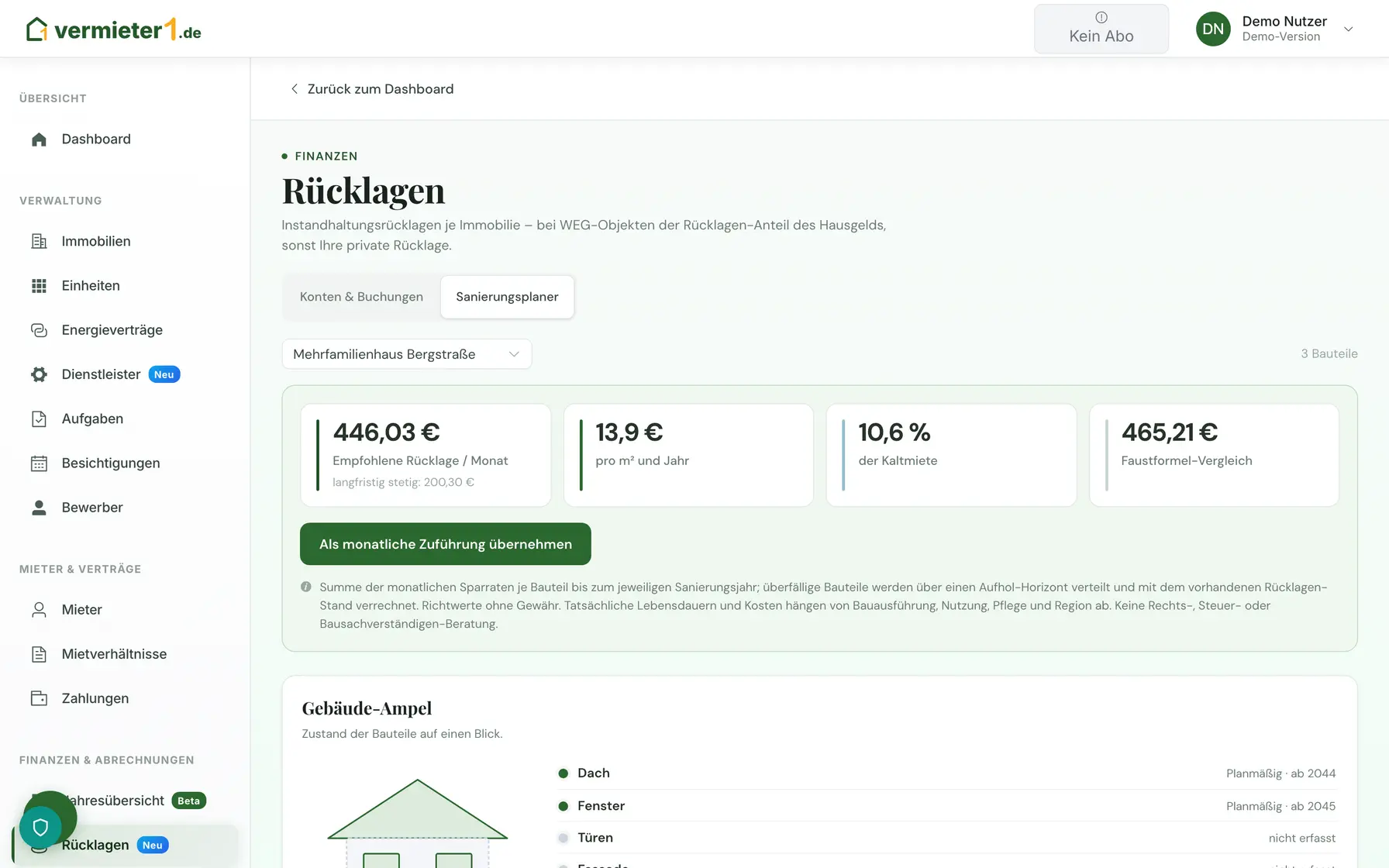 Empfohlene Rücklage aus Bauteilen und Lebensdauer