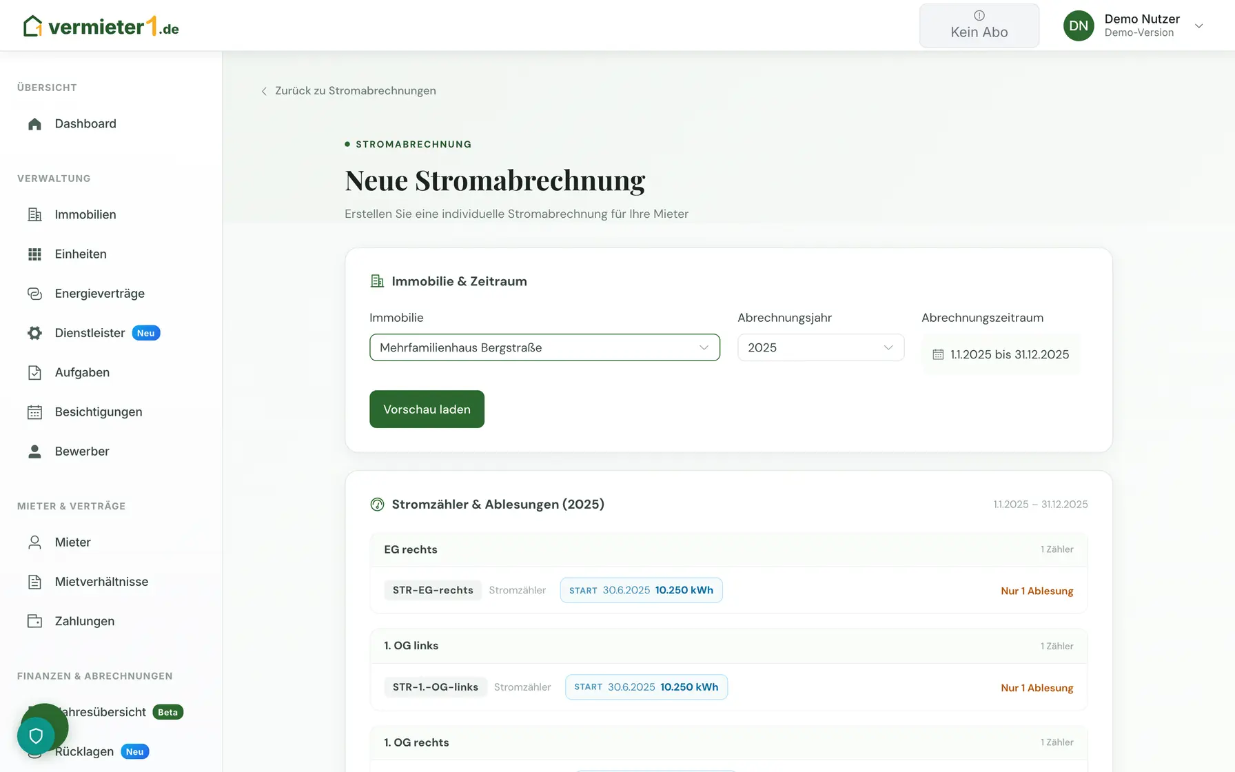 Vorschau der Stromabrechnung mit Zählerstatus