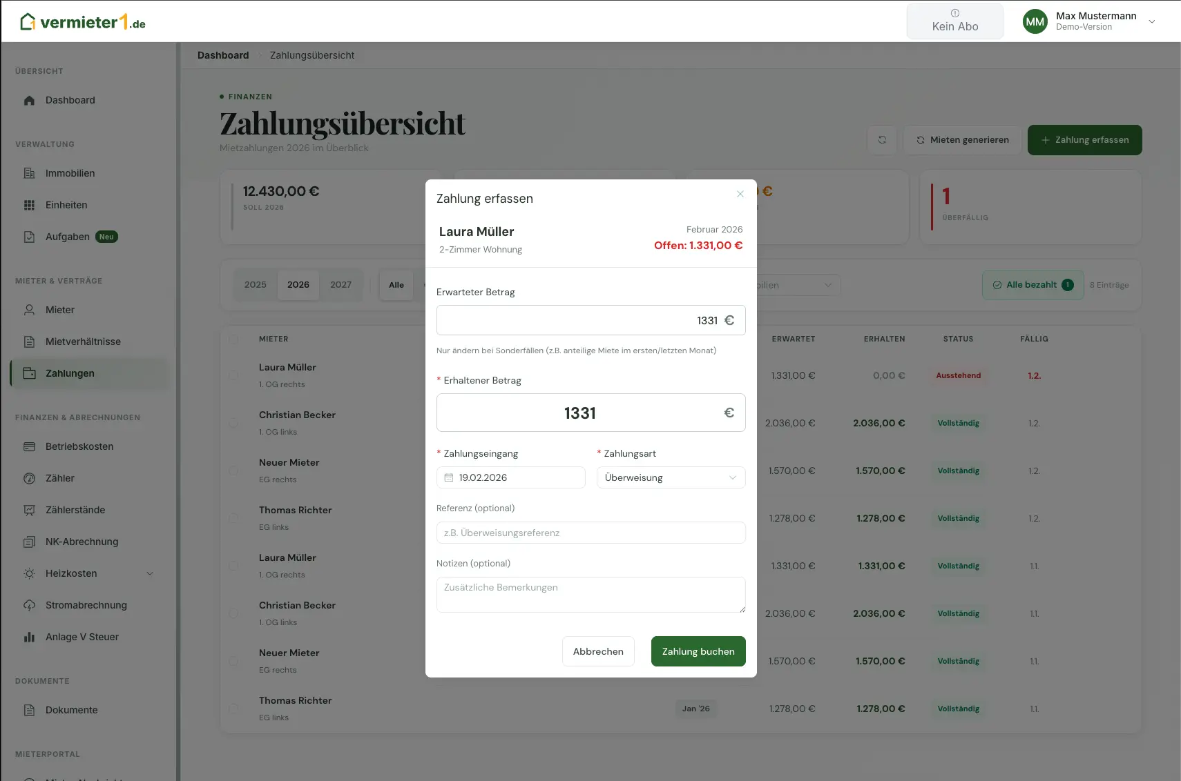 Zahlung erfassen Dialog