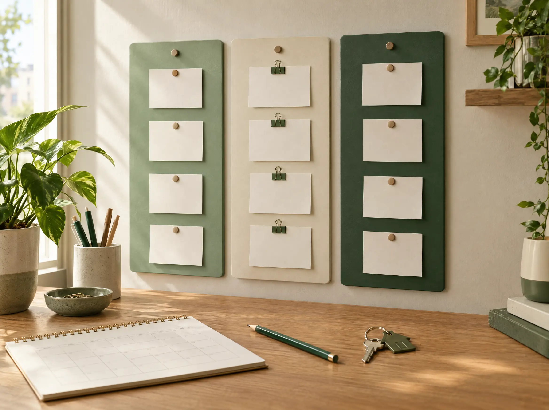 Geordnetes Aufgabenbrett mit Karten, Kalender und Schlüssel
