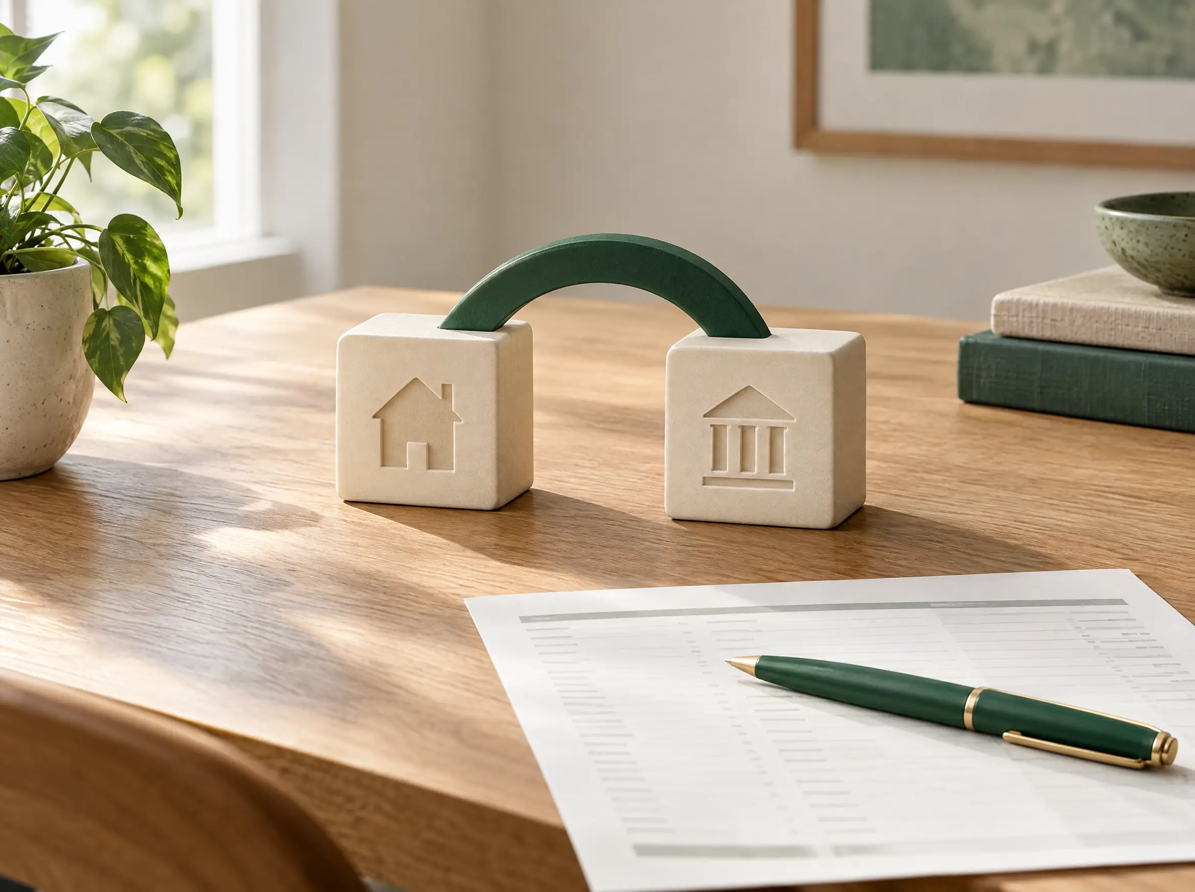 Zwei verbundene Symbole für Wohnung und Bank neben Konto-Unterlagen