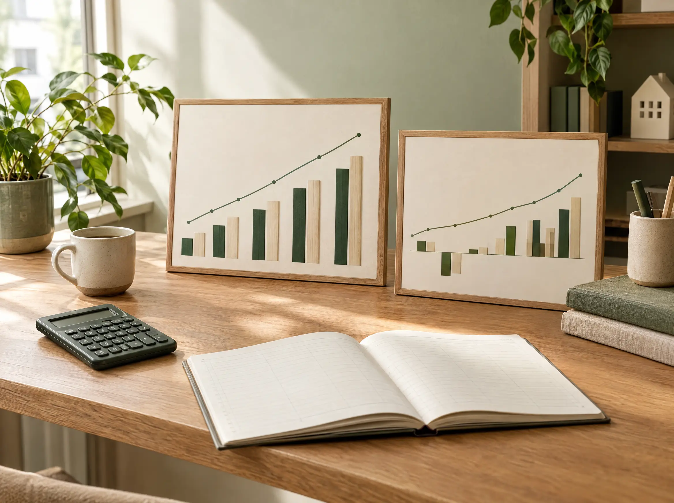 Getrennte Finanzdiagramme, Kassenbuch und Taschenrechner