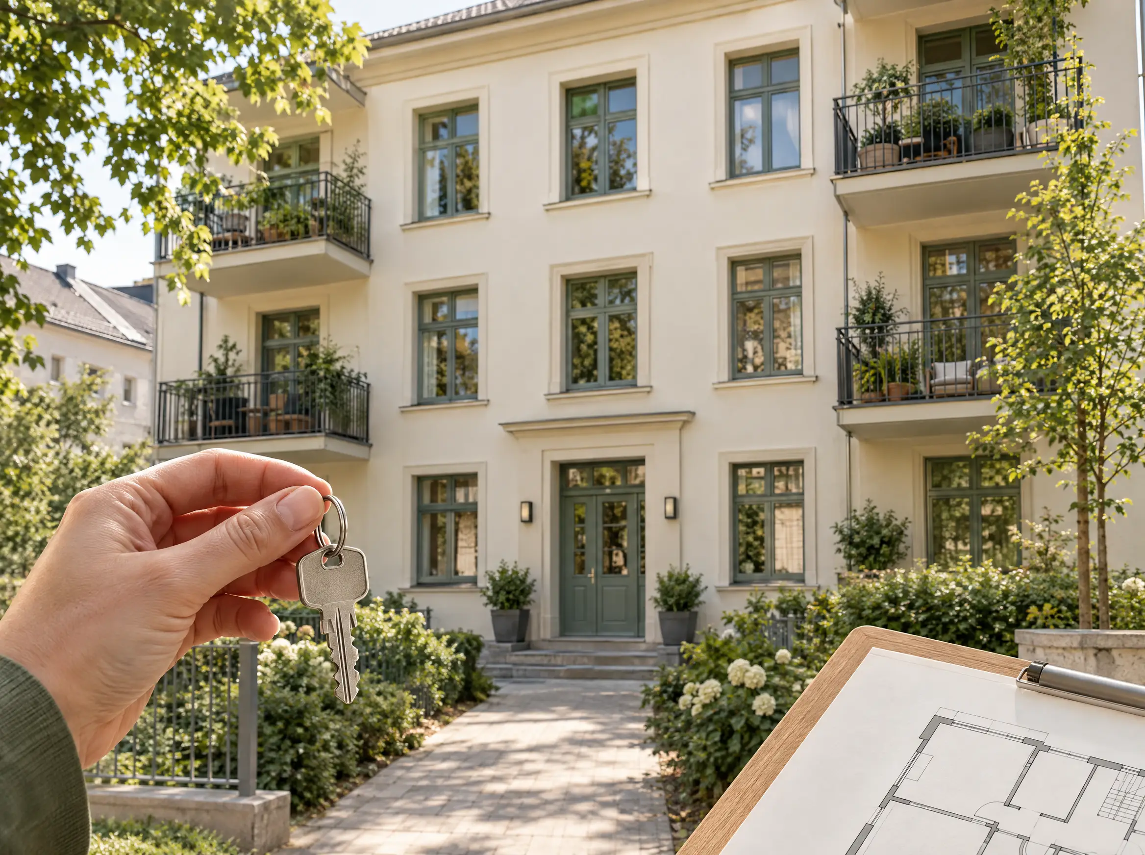 Mehrfamilienhaus mit begrüntem Eingang und Wohnungsschlüssel