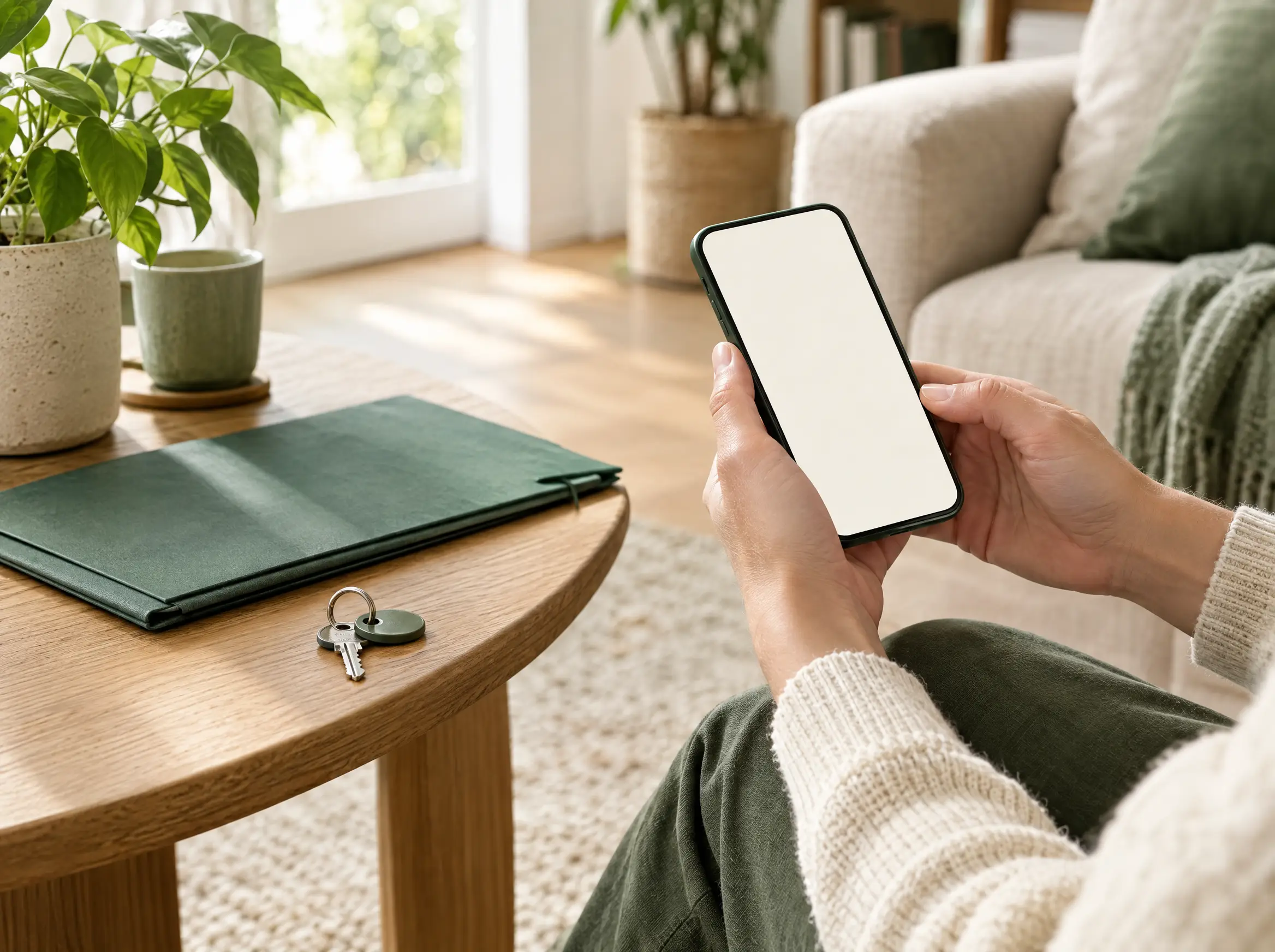 Hände mit Smartphone in einer hellen Wohnung