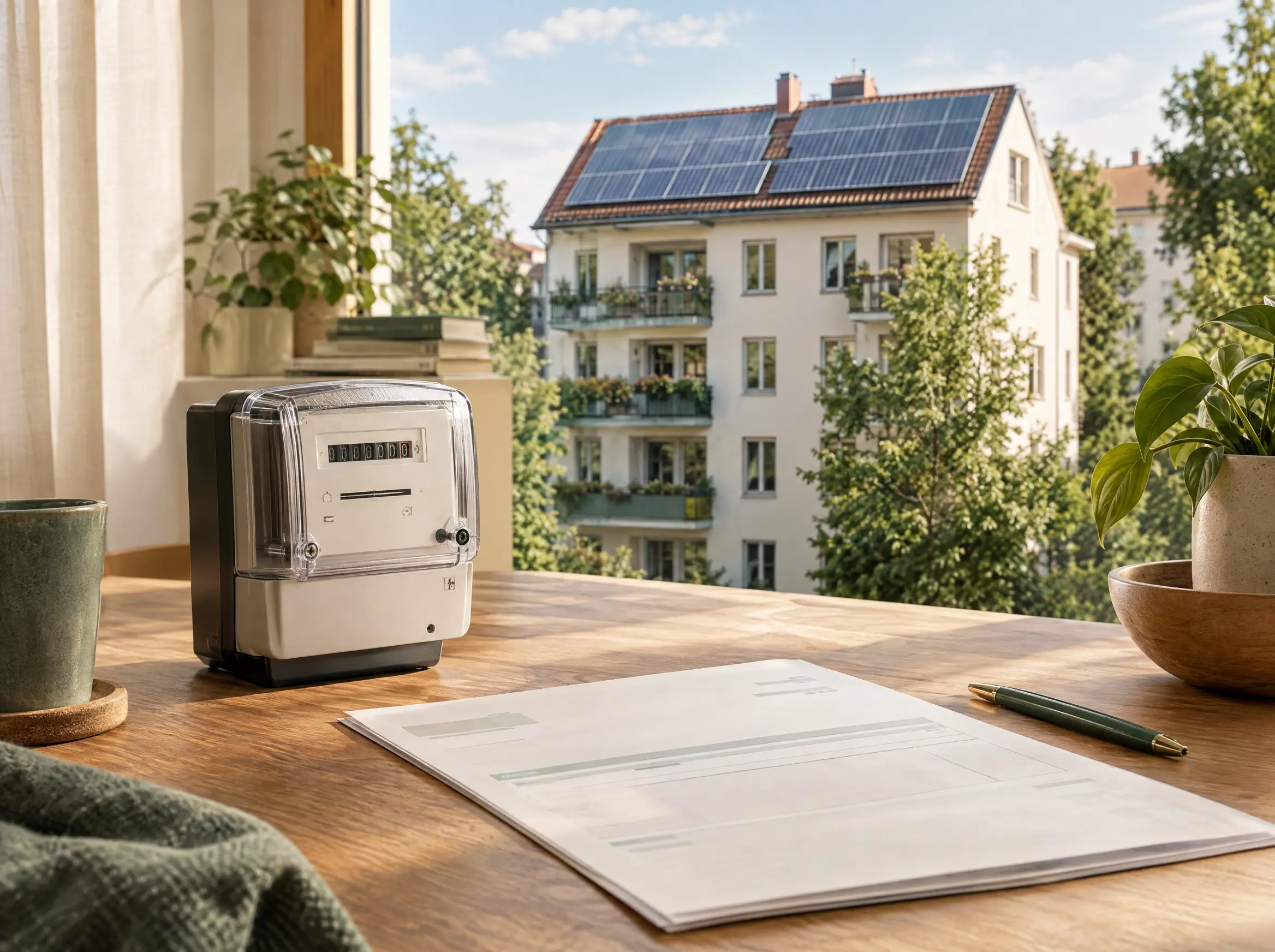 Wohnhaus mit Solardach, Stromzähler und Rechnungsunterlagen