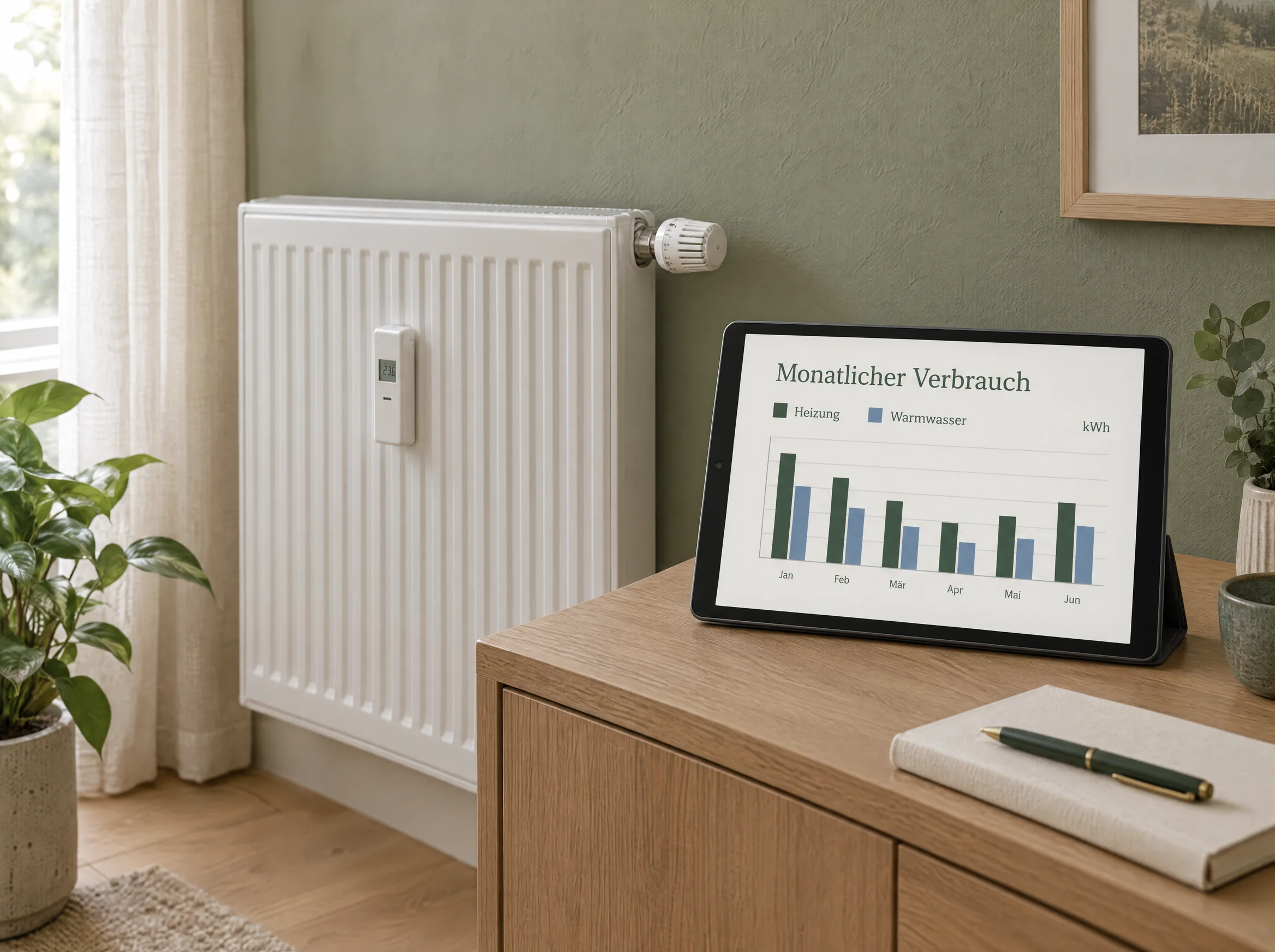 Heizkörper mit elektronischem Heizkostenverteiler, daneben ein Tablet mit monatlichem Verbrauchsdiagramm