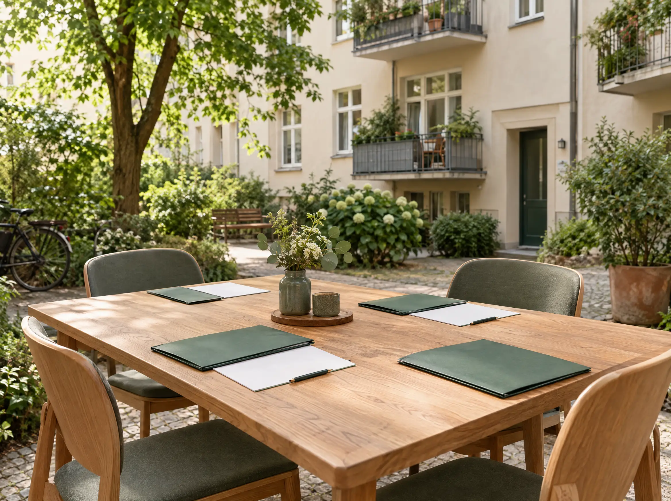 Besprechungstisch mit Unterlagen im Hof eines Mehrfamilienhauses