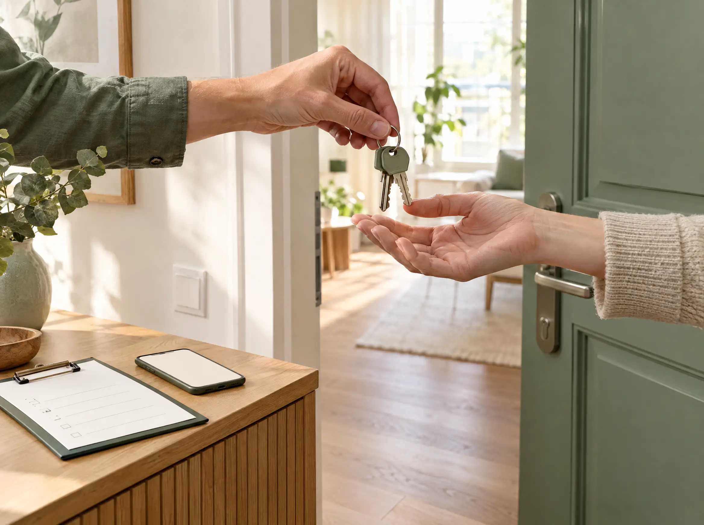 Wohnungsschlüssel werden neben Checkliste und Smartphone übergeben