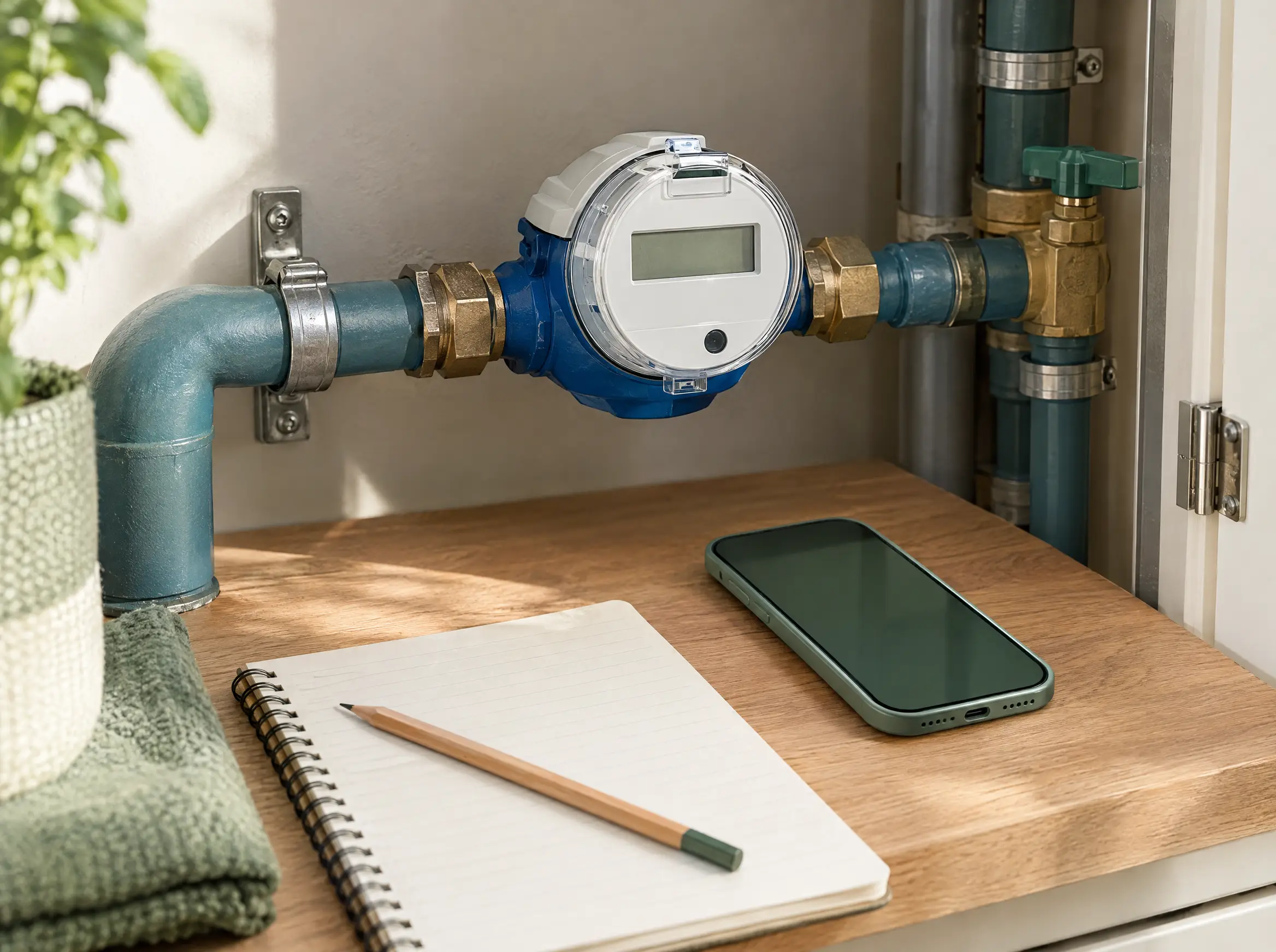 Wasserzähler mit Smartphone und Ablesenotizen